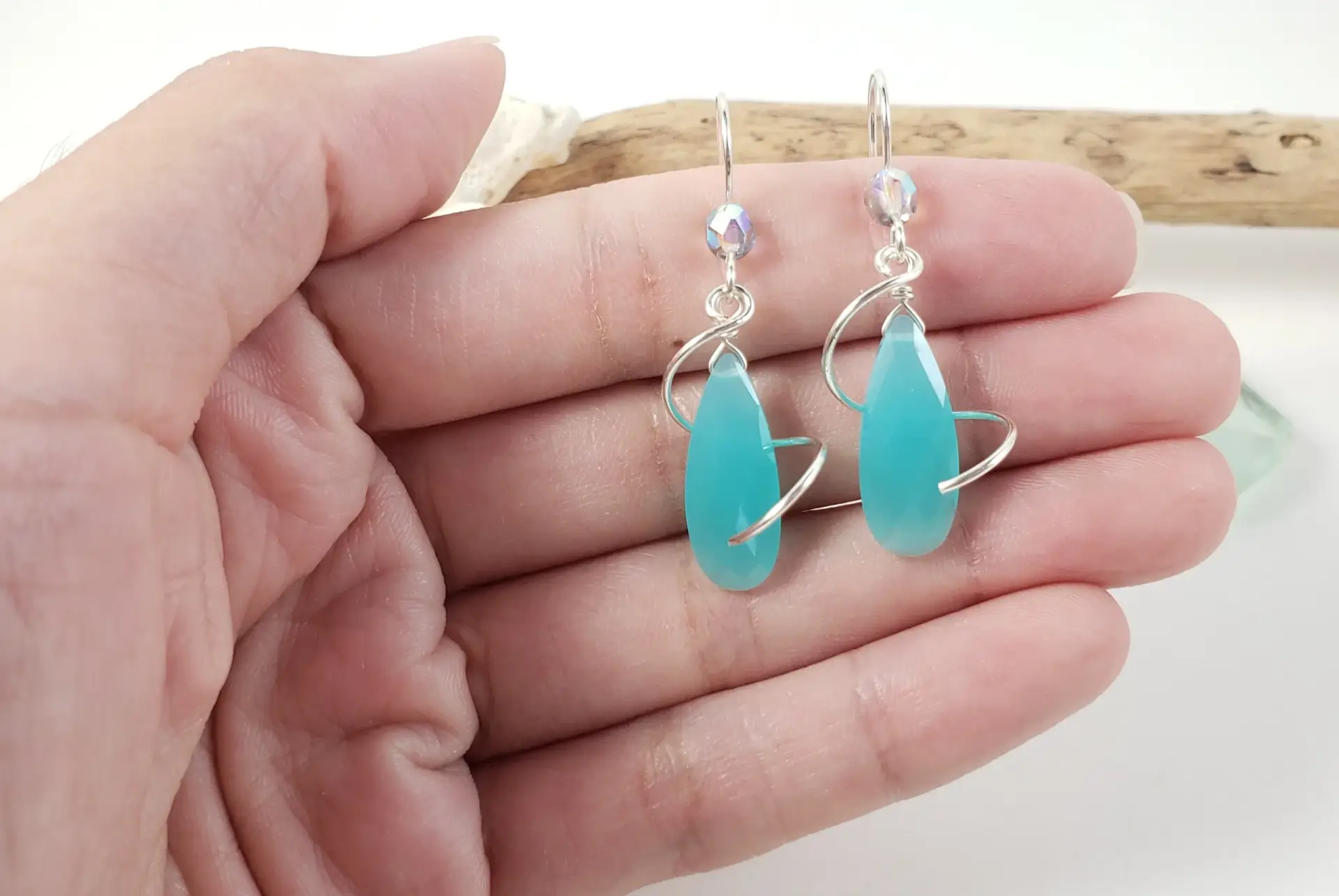 Milky blue crystal spiral earrings in yellow gold, silver, or rose gold - Image 6