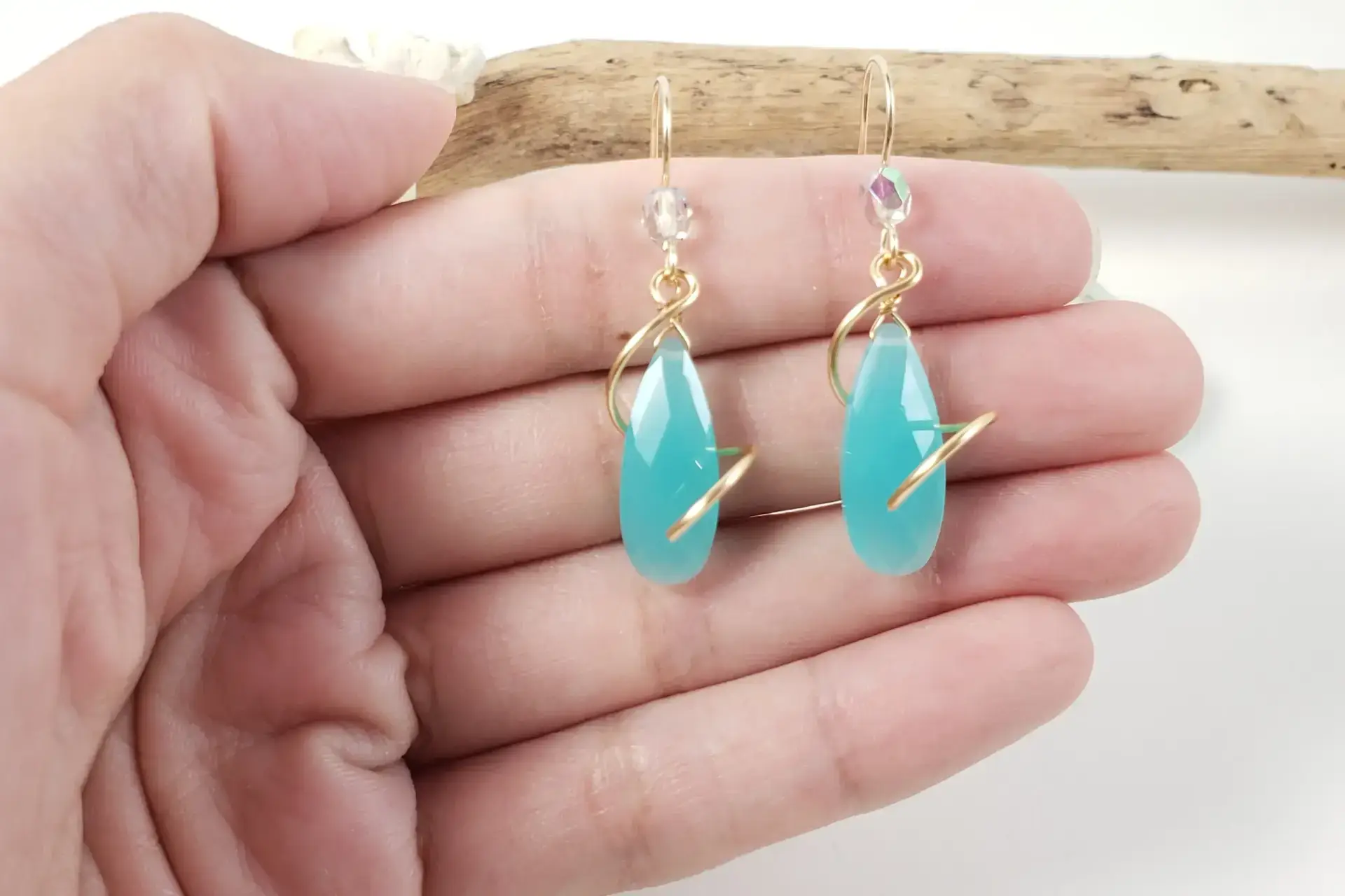 Milky blue crystal spiral earrings in yellow gold, silver, or rose gold - Image 8