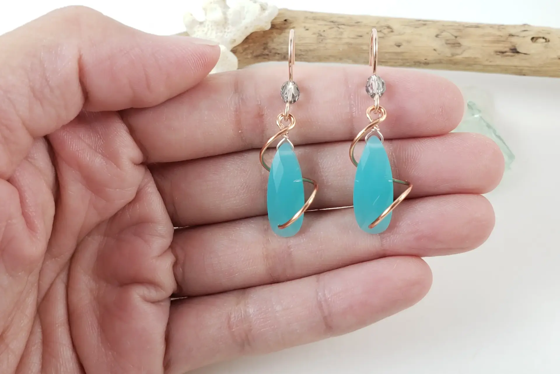 Milky blue crystal spiral earrings in yellow gold, silver, or rose gold - Image 2