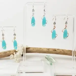 Milky blue crystal spiral earrings in yellow gold, silver, or rose gold