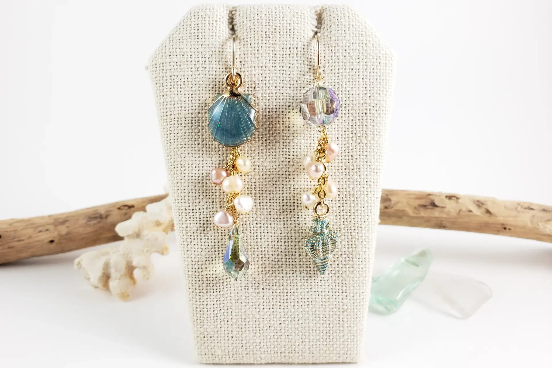 Teal shell crystal and pearl gold asymmetrical earrings