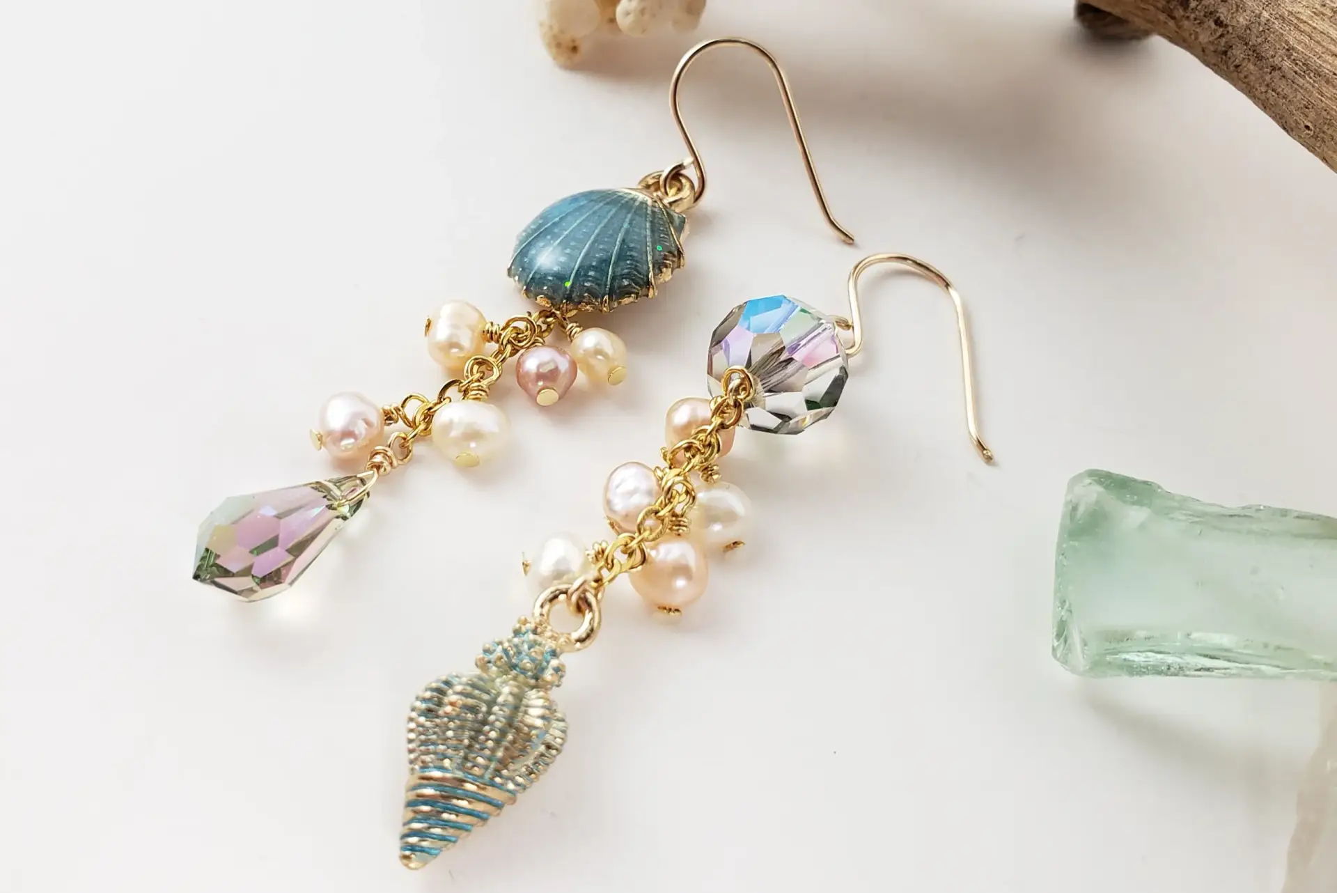 Teal shell crystal and pearl gold asymmetrical earrings - Image 2
