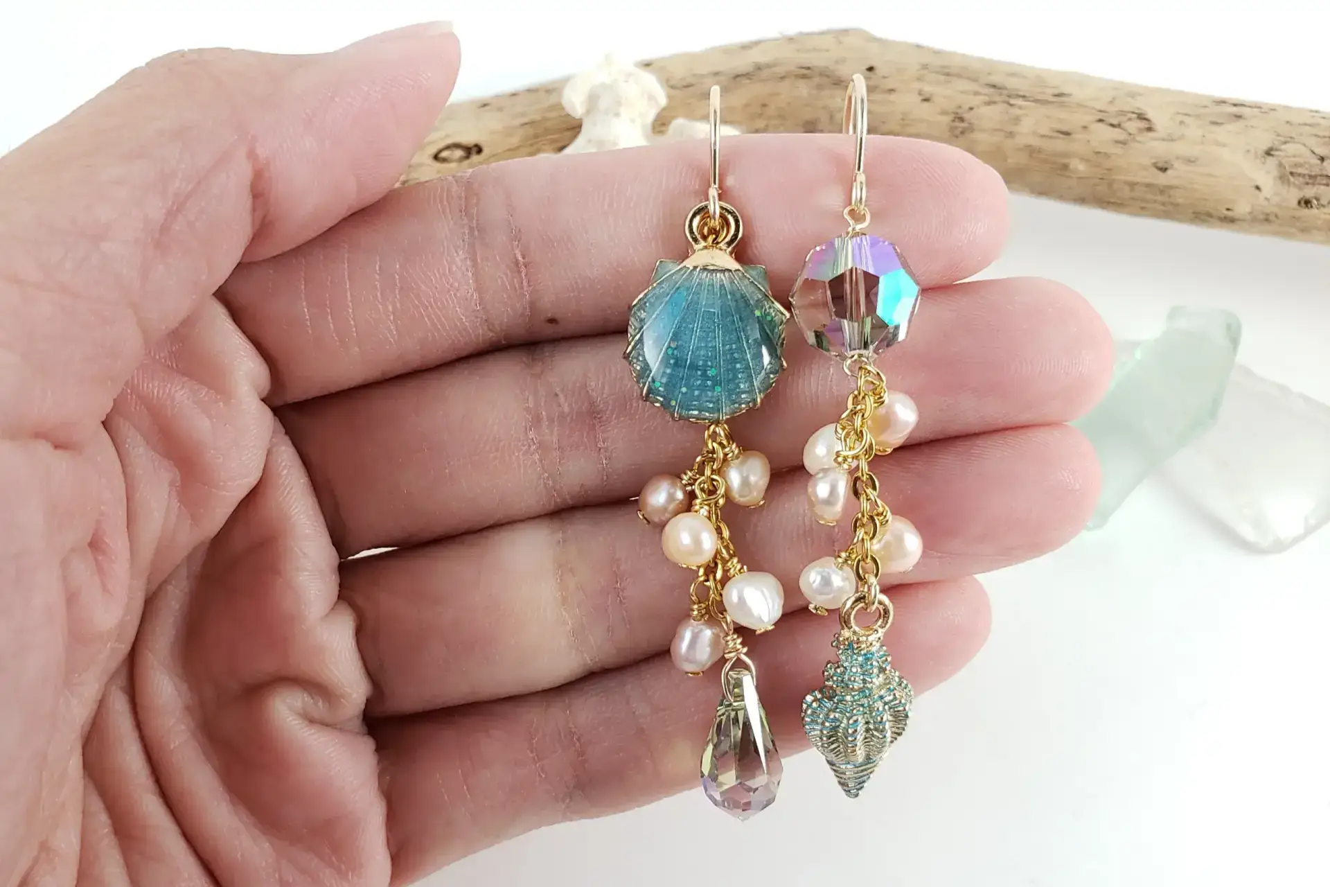 Teal shell crystal and pearl gold asymmetrical earrings - Image 4