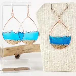 Marine blue water sand teardrop earrings and necklace