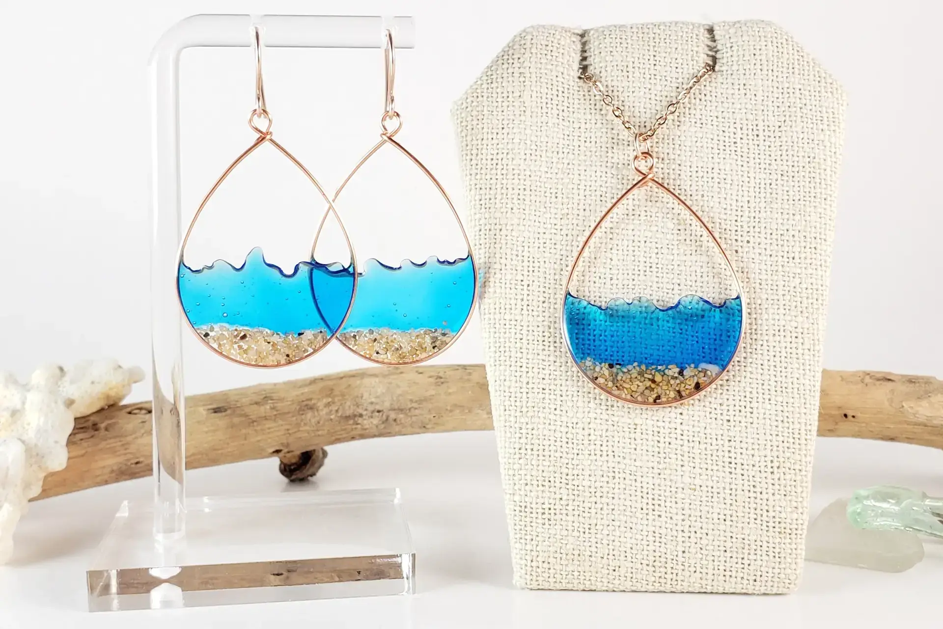 Marine blue water sand teardrop earrings and necklace