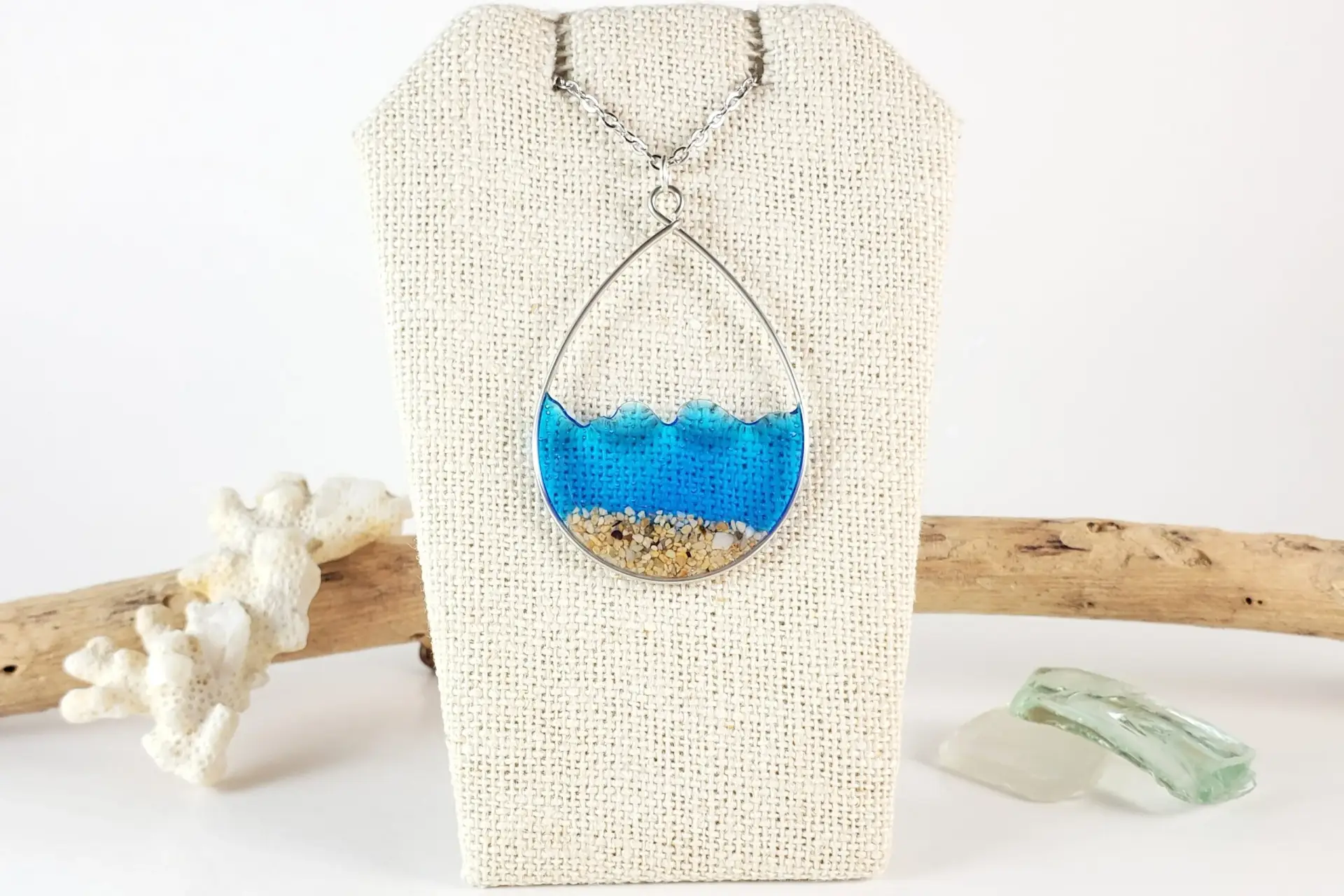 Marine blue water sand teardrop earrings and necklace - Image 3