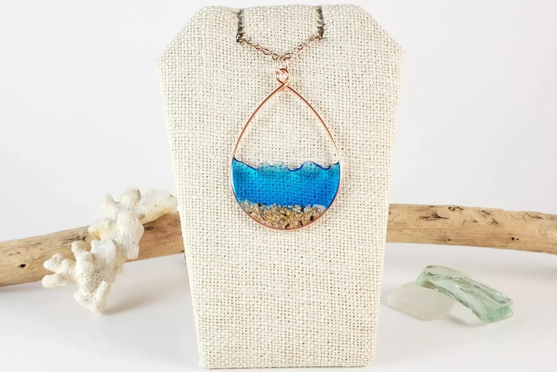 Marine blue water sand teardrop earrings and necklace - Image 2