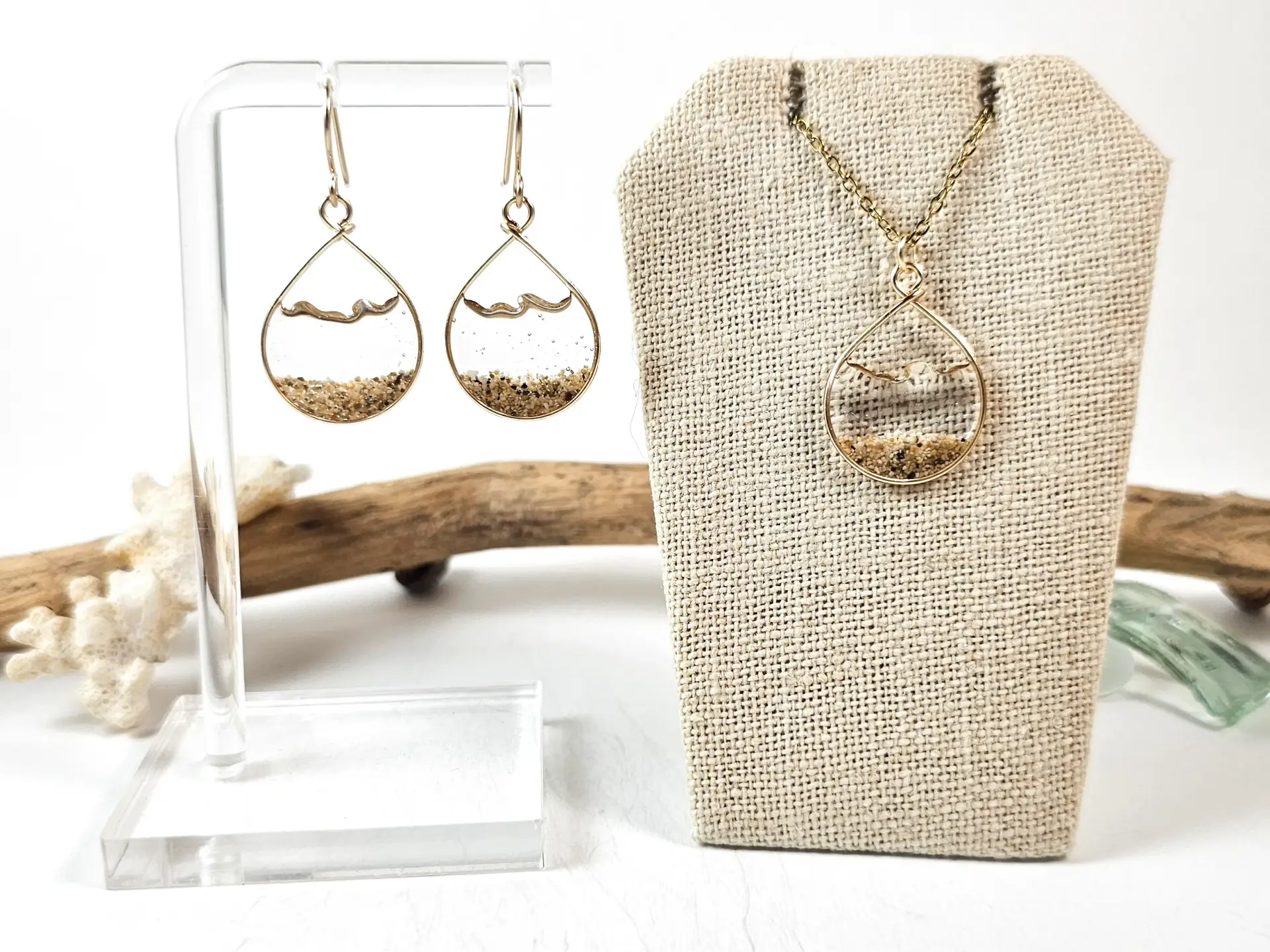 Clear water sand teardrop earrings and necklace-small size
