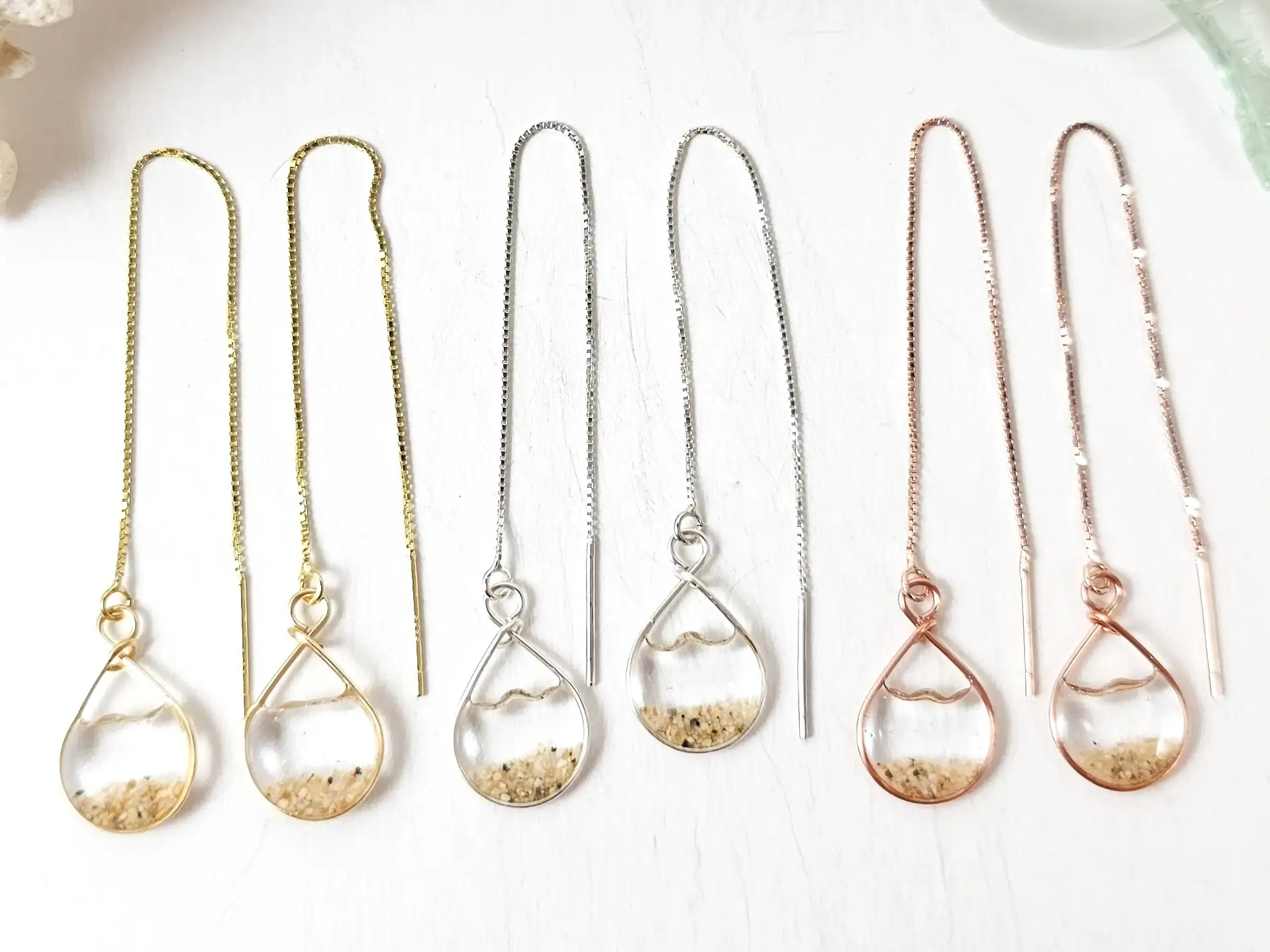 Clear water and sand threader earrings