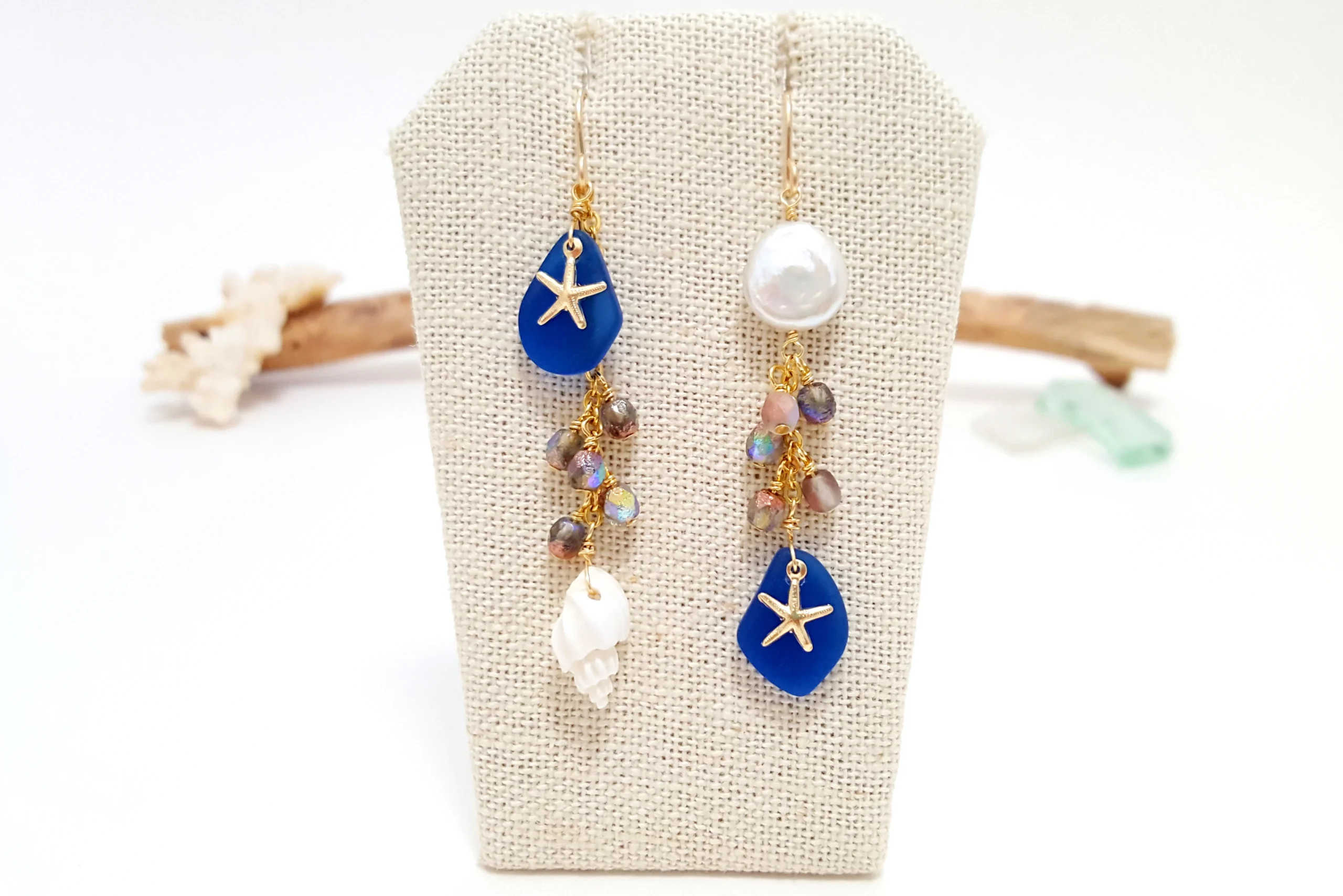 Cobalt seaglass white shell and freshwater pearl earrings - Image 9
