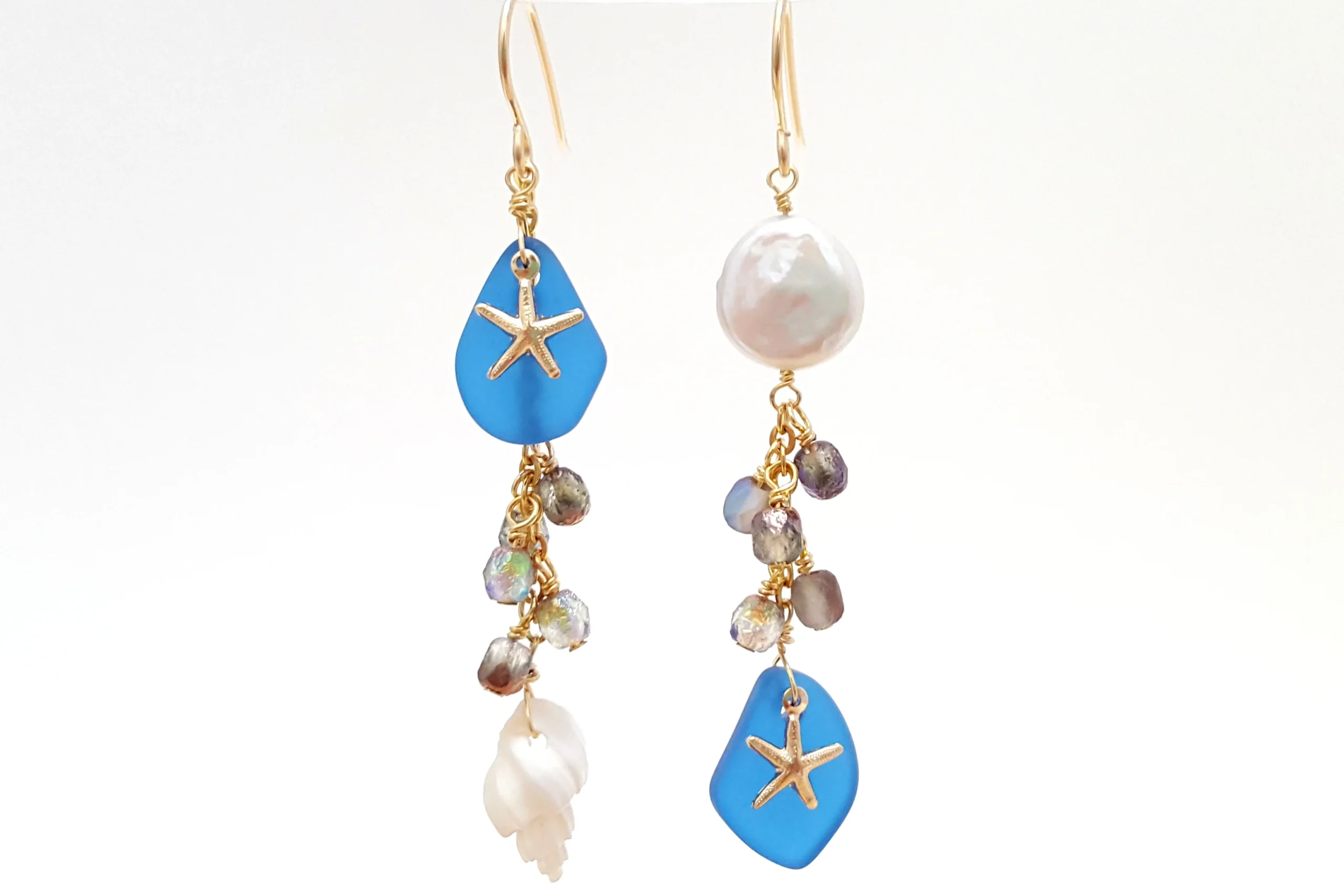 Cobalt seaglass white shell and freshwater pearl earrings - Image 8
