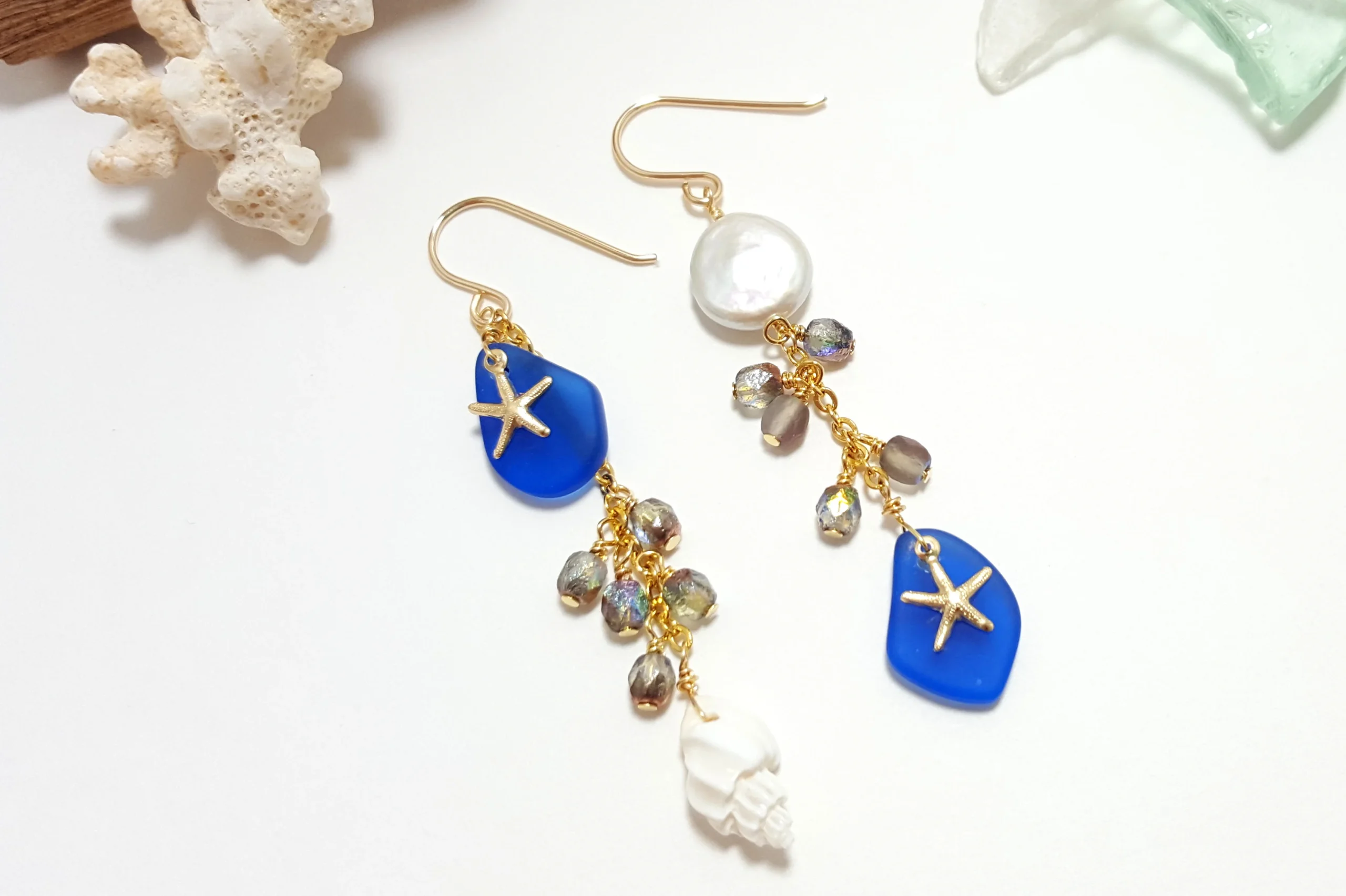 Cobalt seaglass white shell and freshwater pearl earrings - Image 7