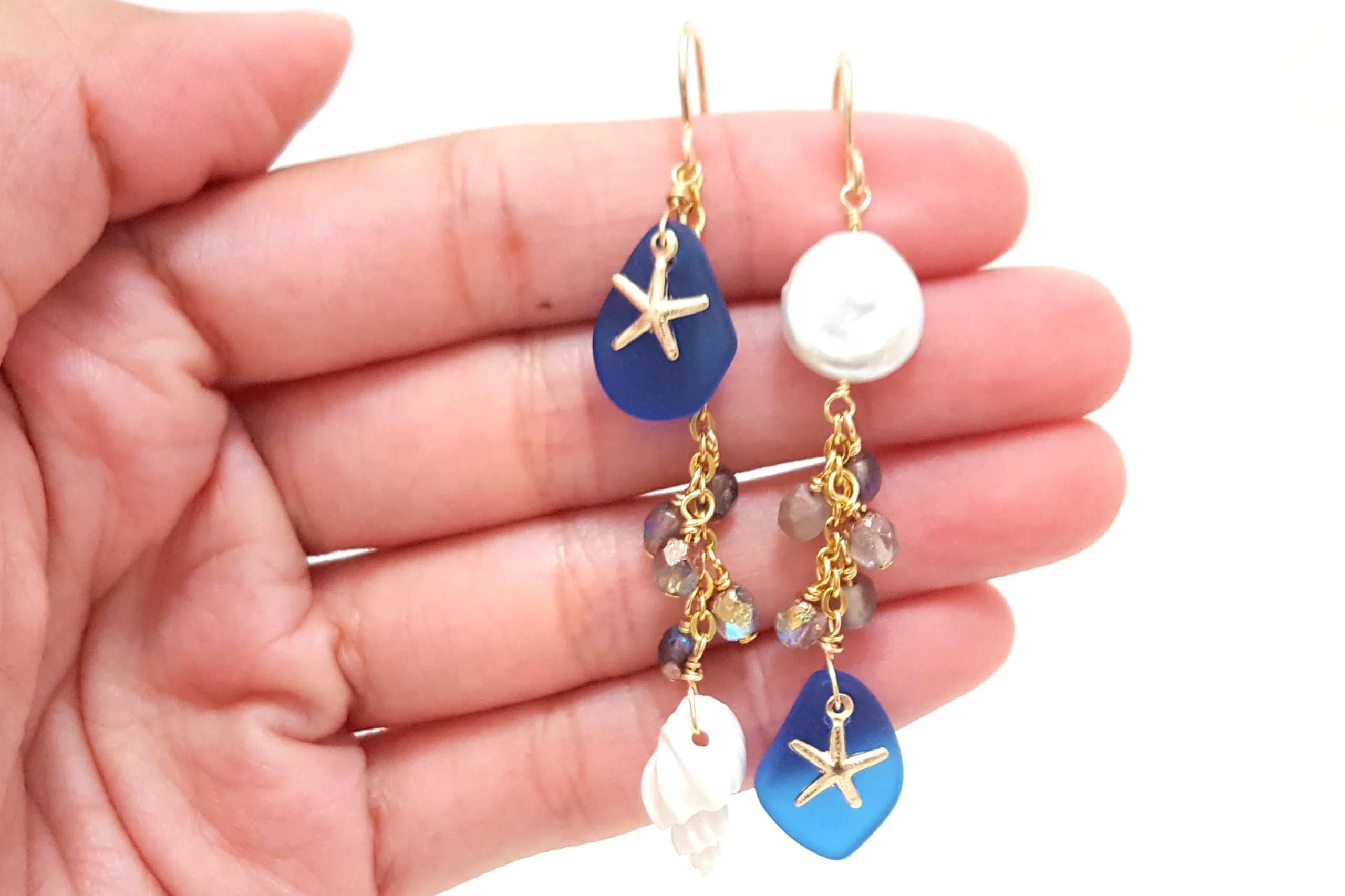 Cobalt seaglass white shell and freshwater pearl earrings - Image 6