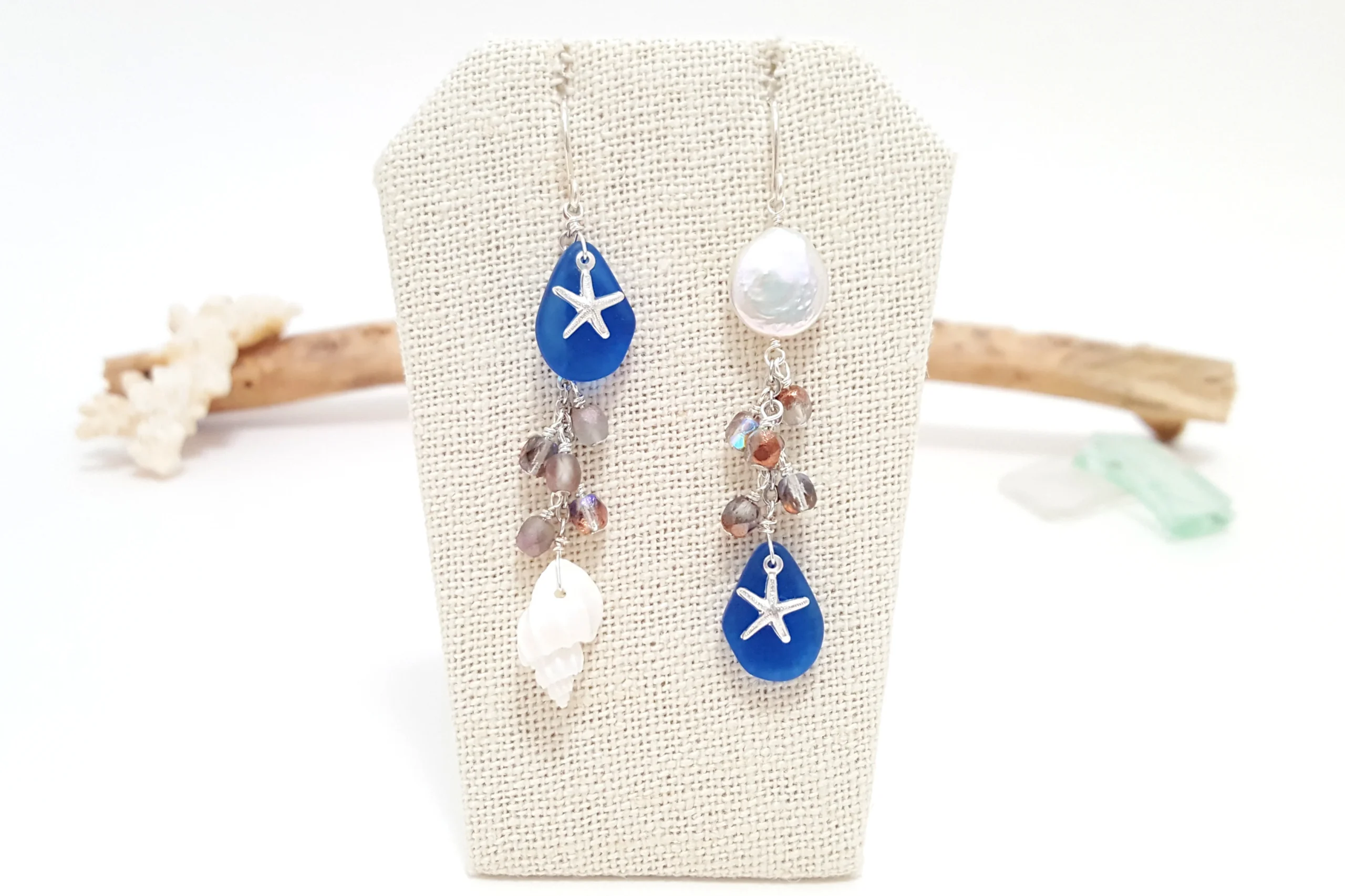 Cobalt seaglass white shell and freshwater pearl earrings - Image 5