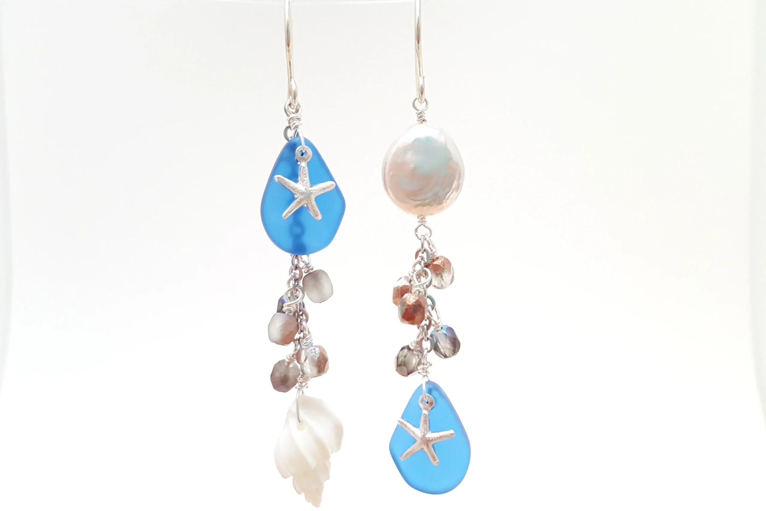 Cobalt seaglass white shell and freshwater pearl earrings - Image 4