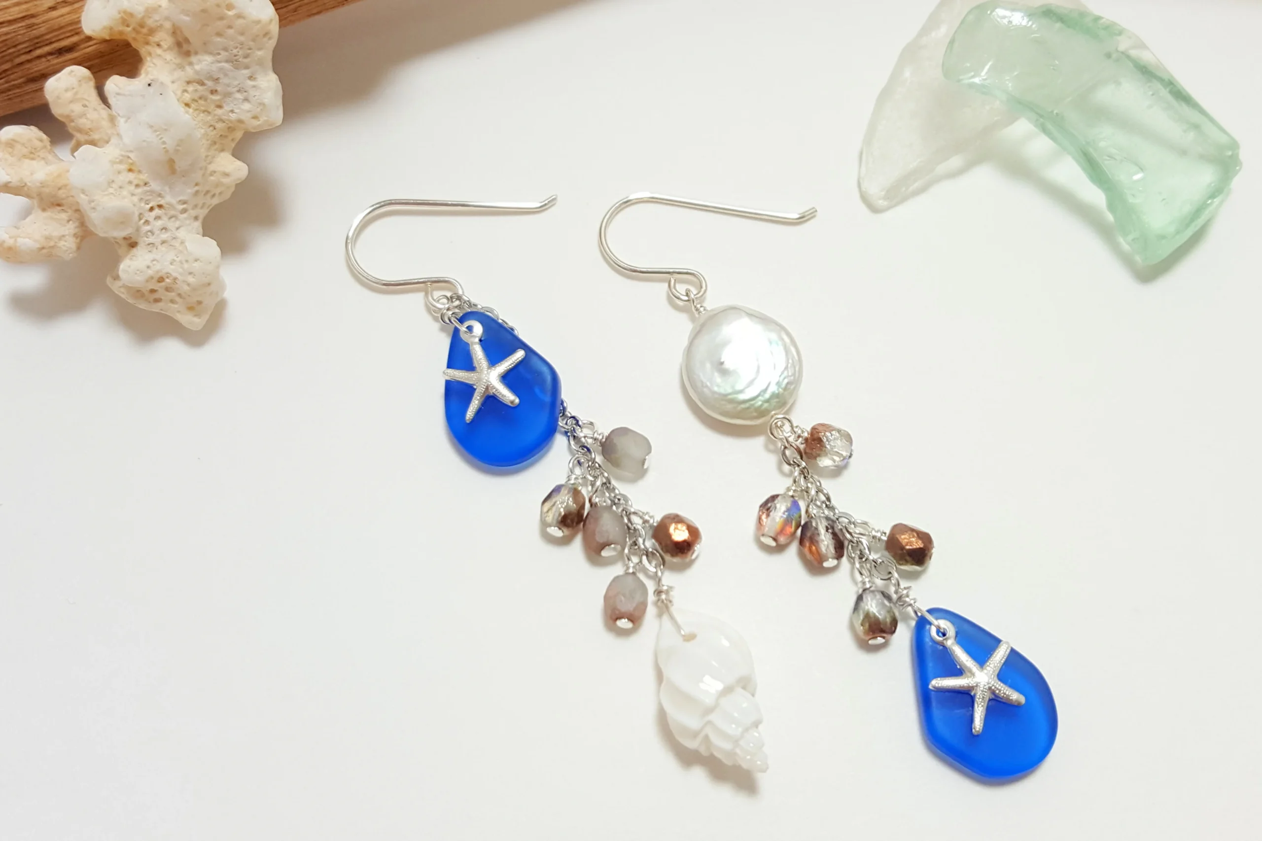 Cobalt seaglass white shell and freshwater pearl earrings - Image 3