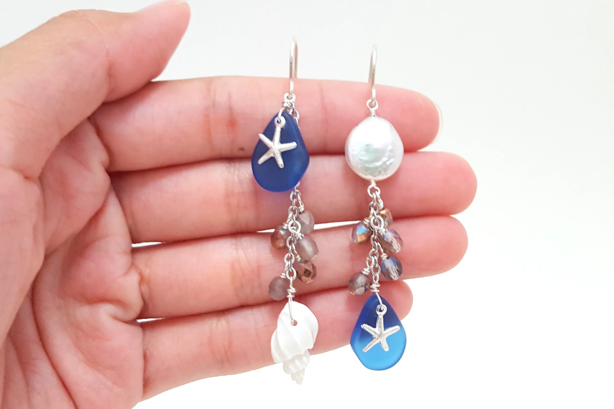 Cobalt seaglass white shell and freshwater pearl earrings - Image 2