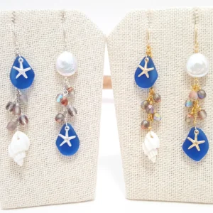 Cobalt seaglass white shell and freshwater pearl earrings