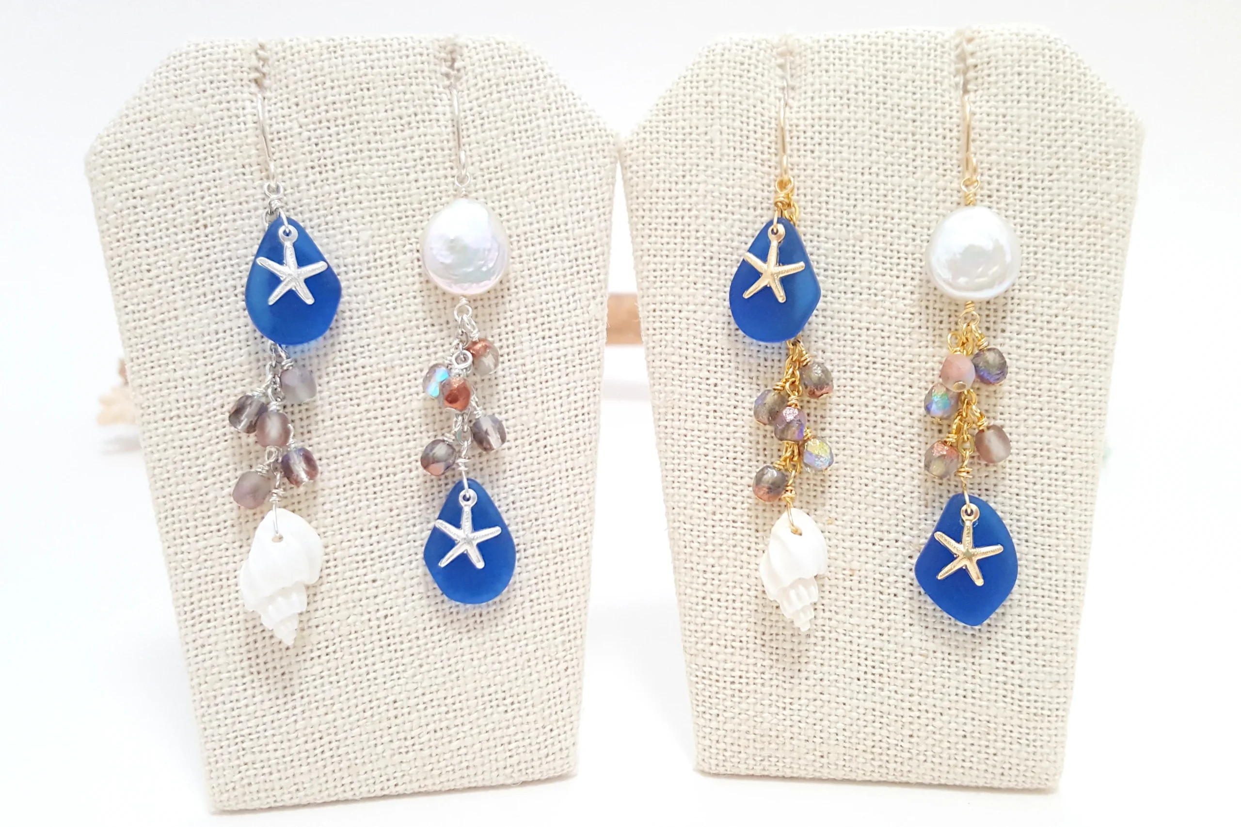Cobalt seaglass white shell and freshwater pearl earrings