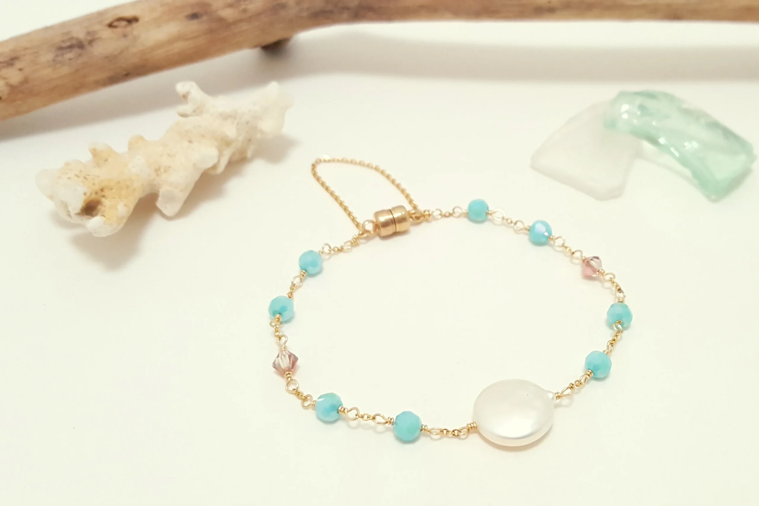 Aqua crystal and freshwater coin pearl earrings, necklace, and bracelet - Image 11