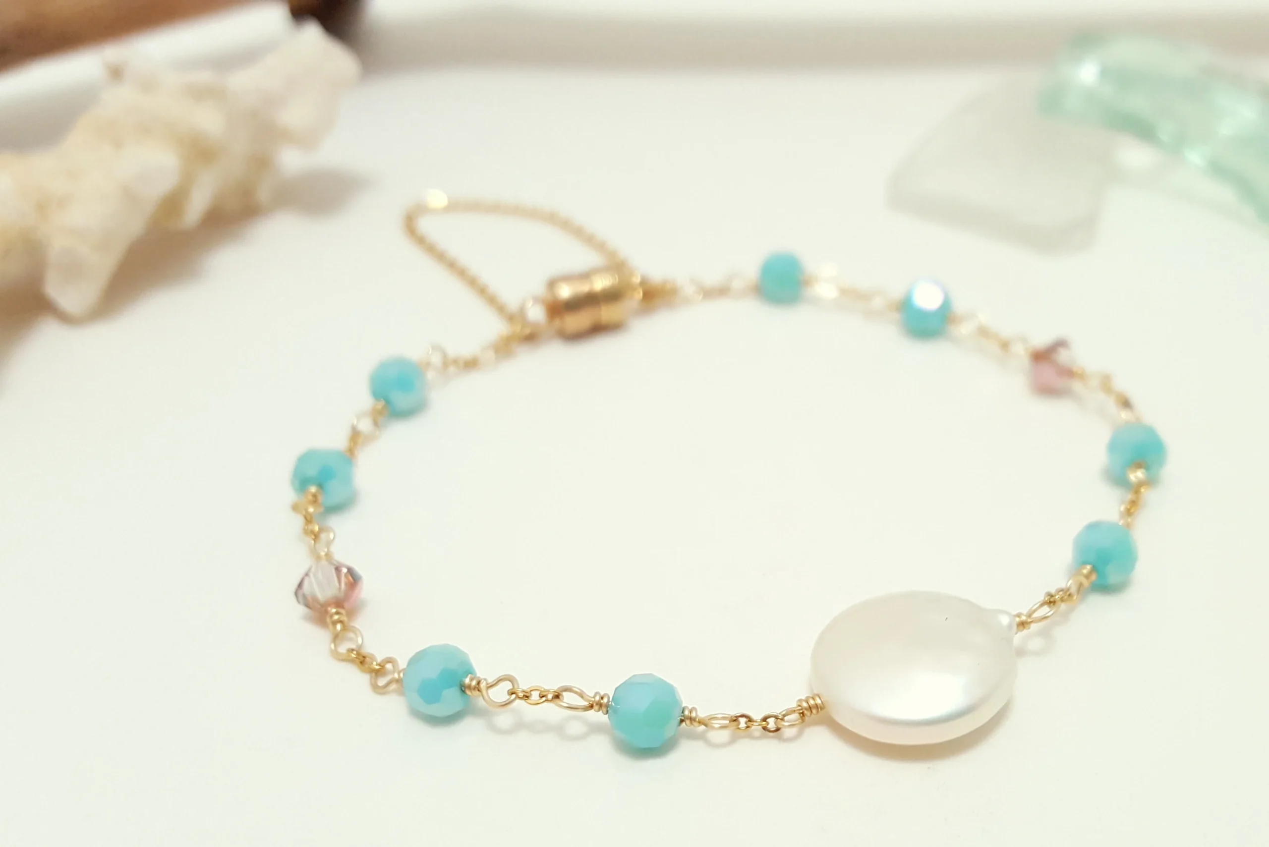 Aqua crystal and freshwater coin pearl earrings, necklace, and bracelet - Image 10