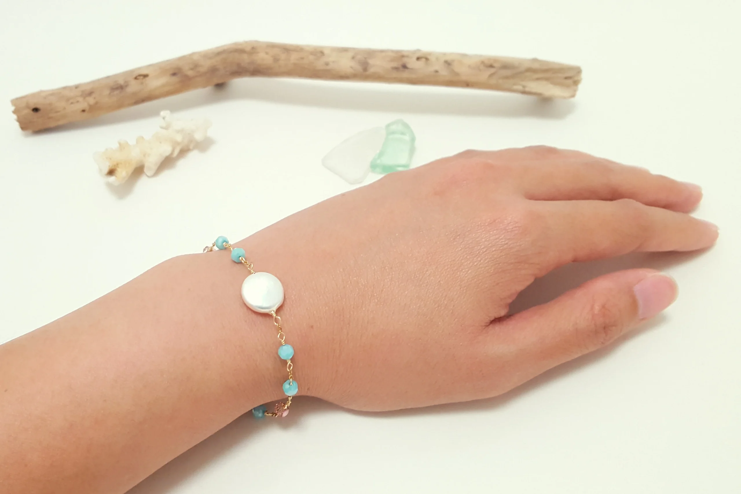 Aqua crystal and freshwater coin pearl earrings, necklace, and bracelet - Image 9
