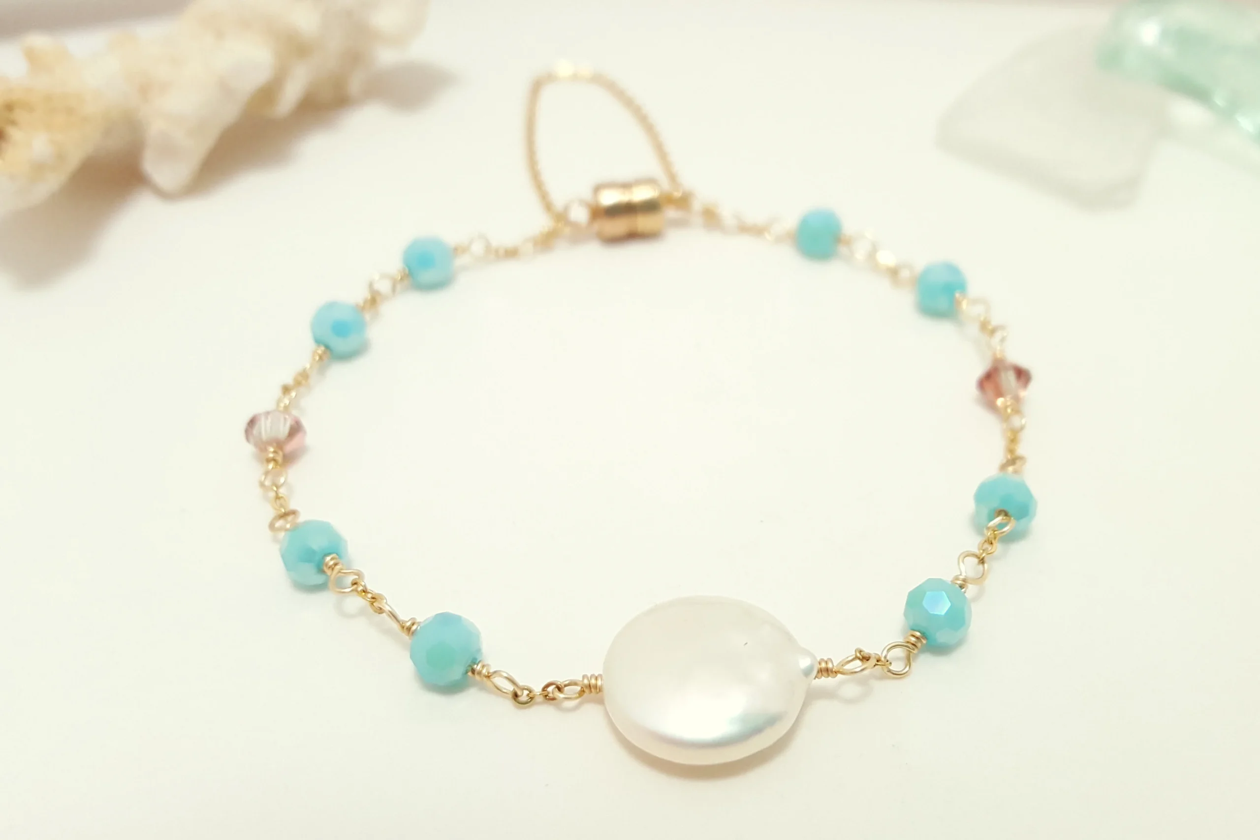Aqua crystal and freshwater coin pearl earrings, necklace, and bracelet - Image 8