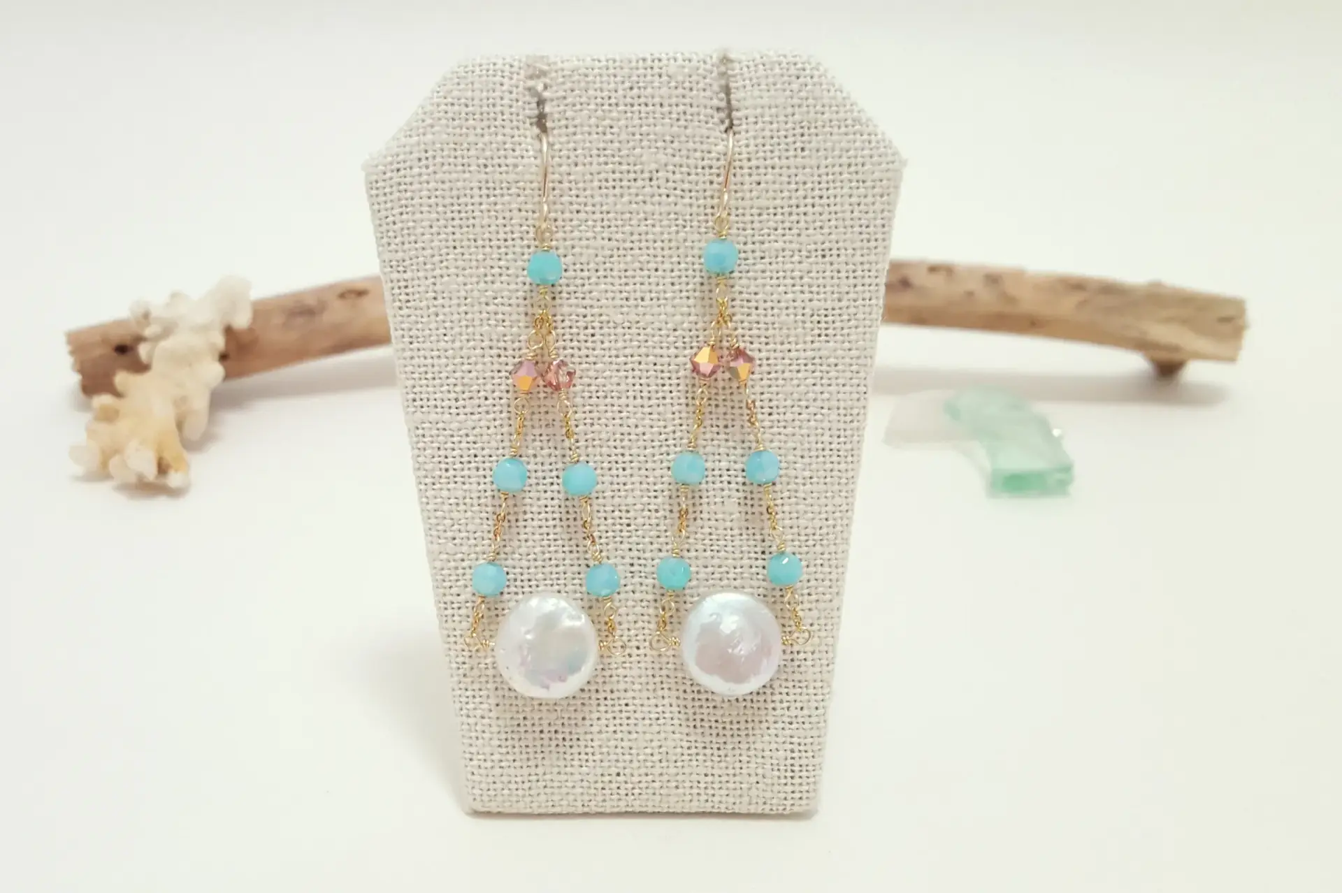 Aqua crystal and freshwater coin pearl earrings, necklace, and bracelet - Image 7