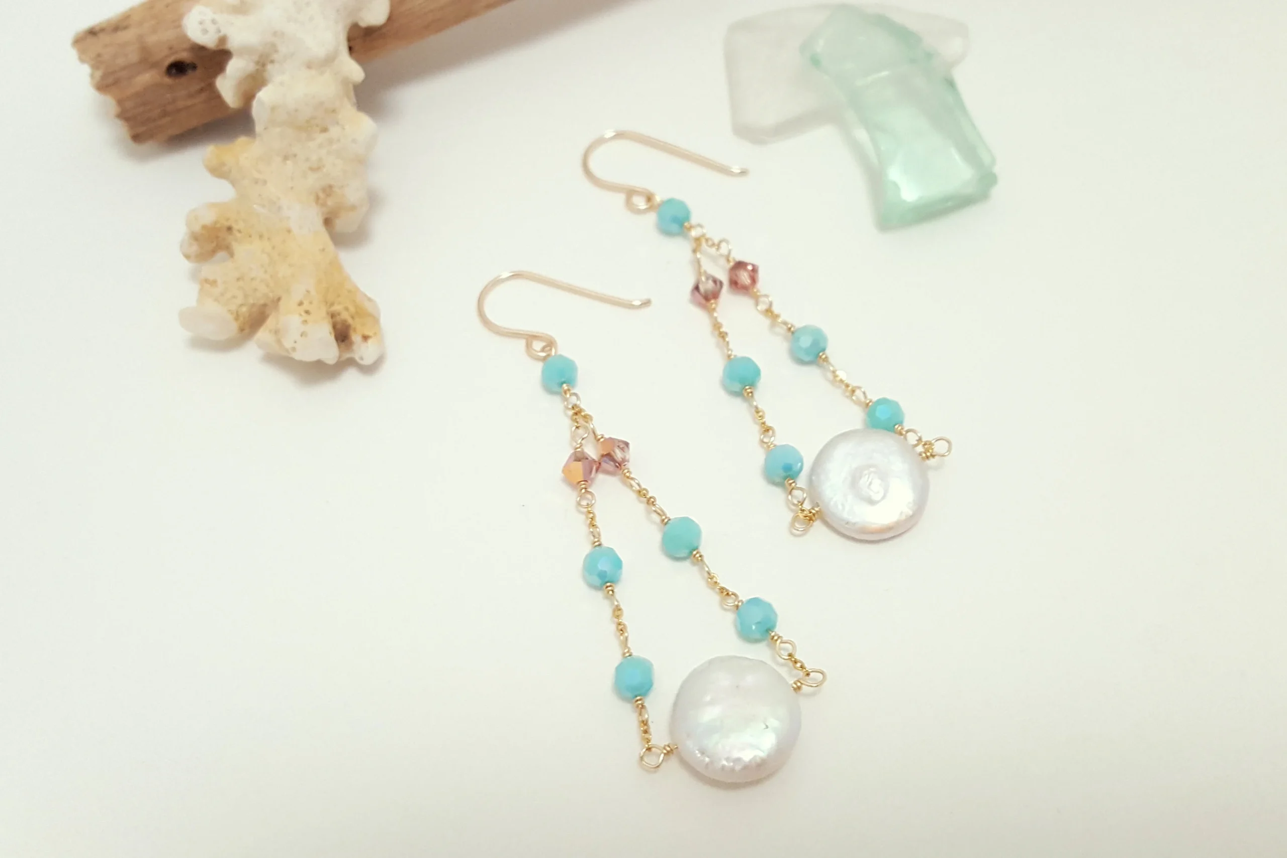 Aqua crystal and freshwater coin pearl earrings, necklace, and bracelet - Image 6