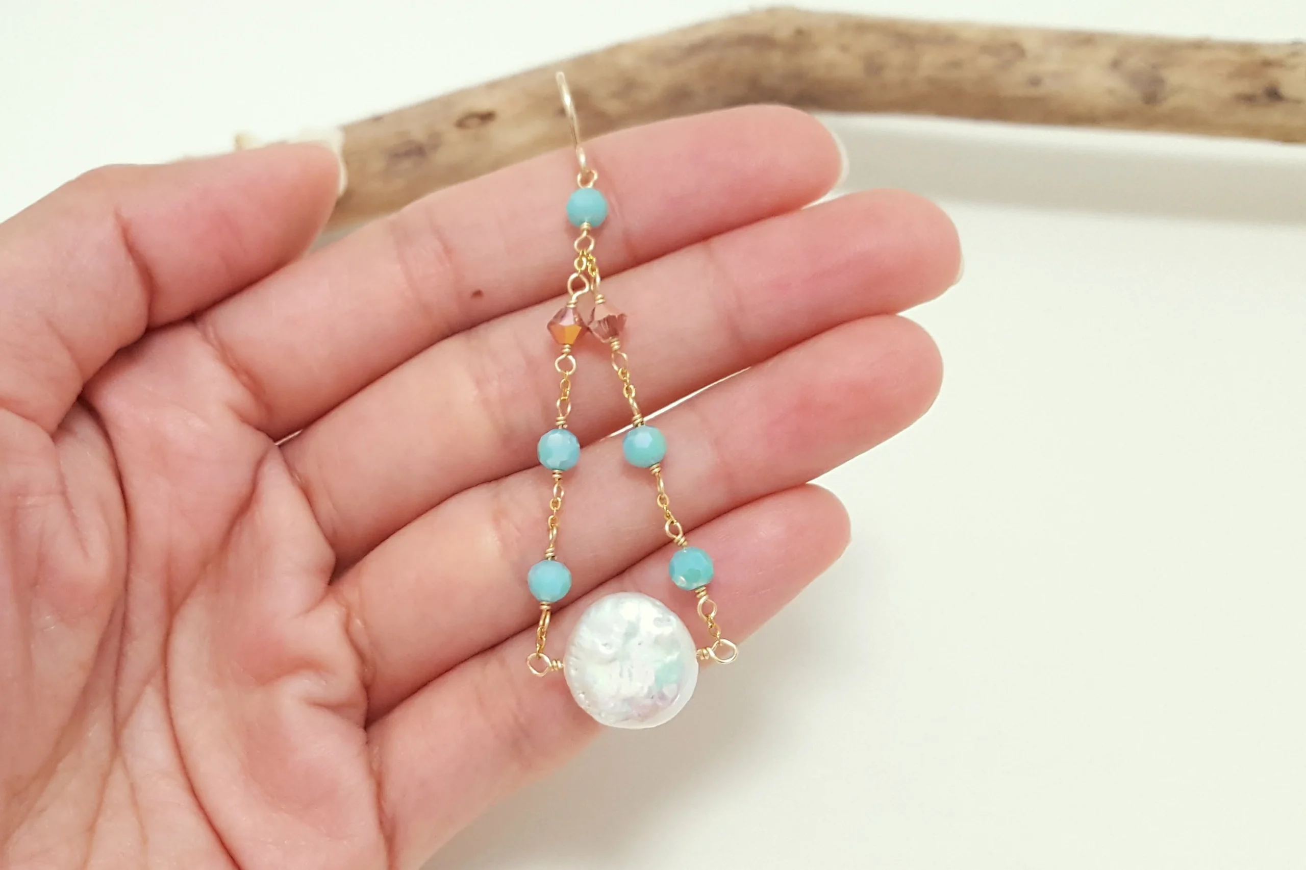 Aqua crystal and freshwater coin pearl earrings, necklace, and bracelet - Image 5