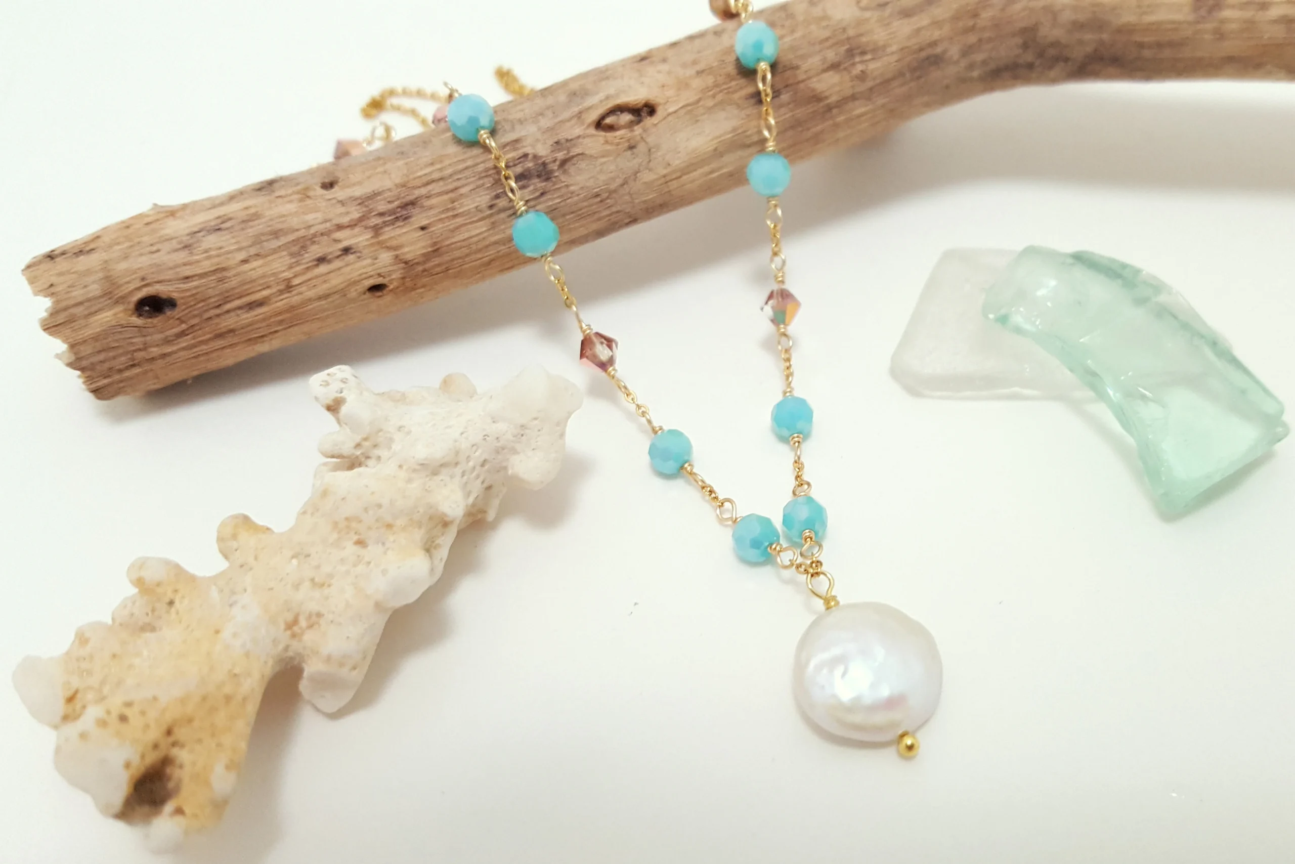 Aqua crystal and freshwater coin pearl earrings, necklace, and bracelet - Image 3