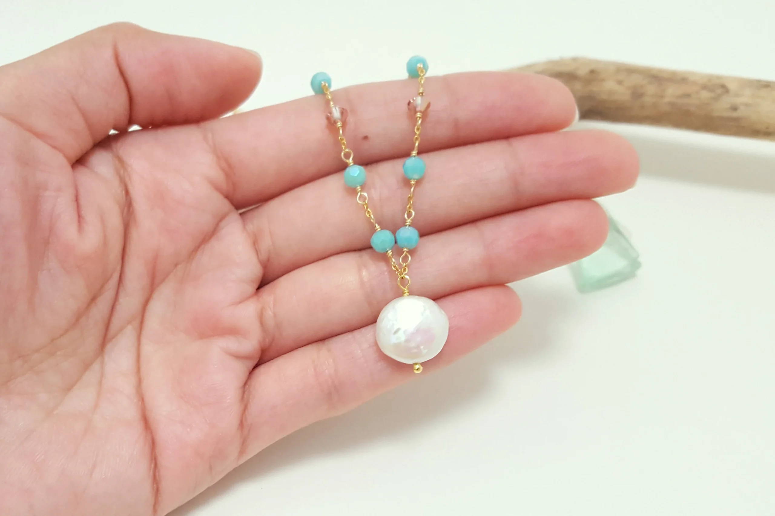 Aqua crystal and freshwater coin pearl earrings, necklace, and bracelet - Image 2