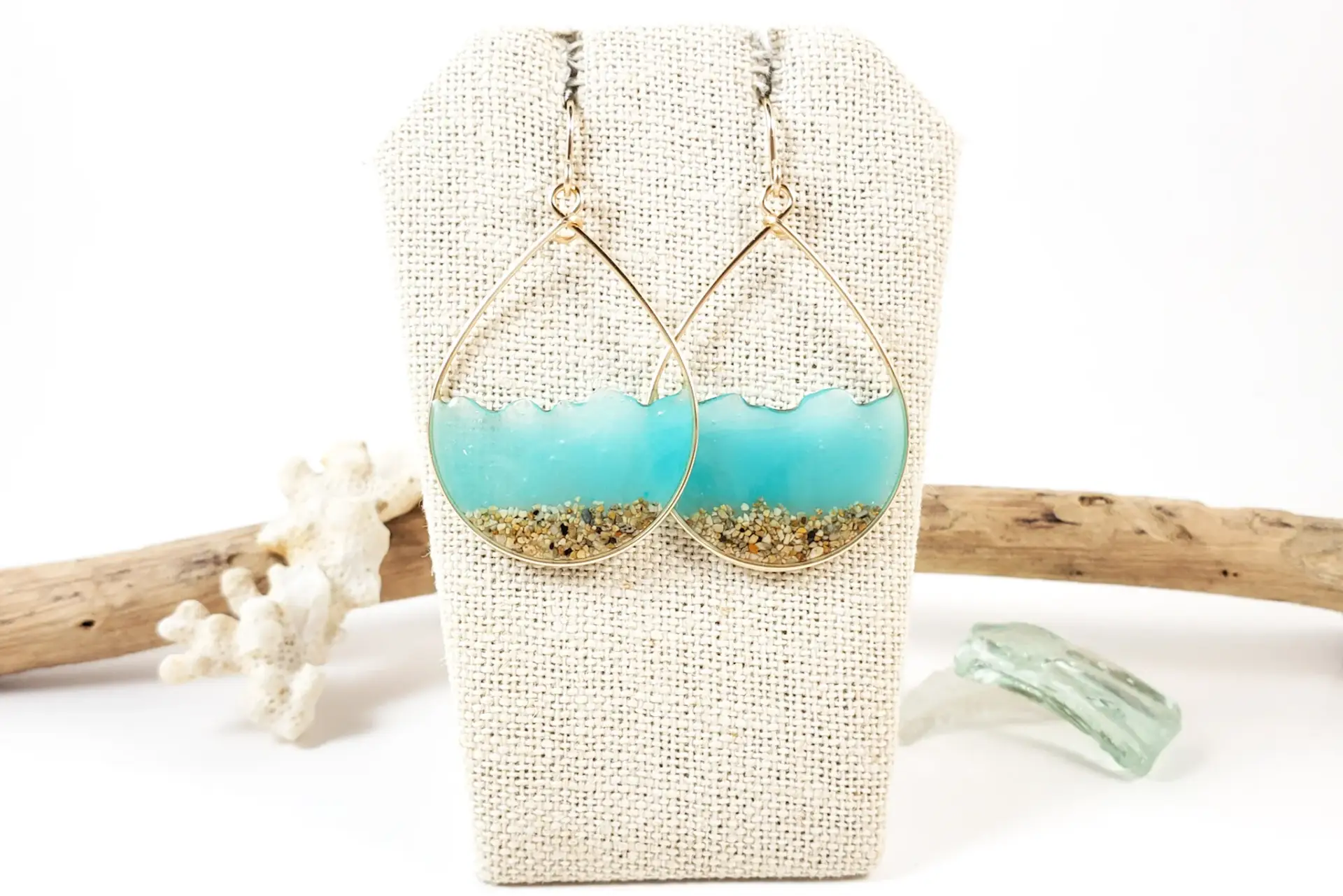 Aqua glow in the dark water and sand teardrop earrings and necklace - Image 7