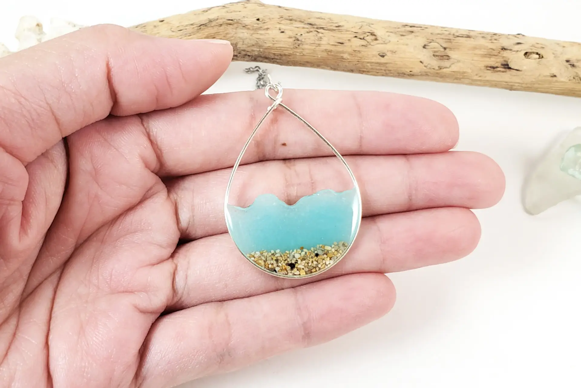 Aqua glow in the dark water and sand teardrop earrings and necklace - Image 10