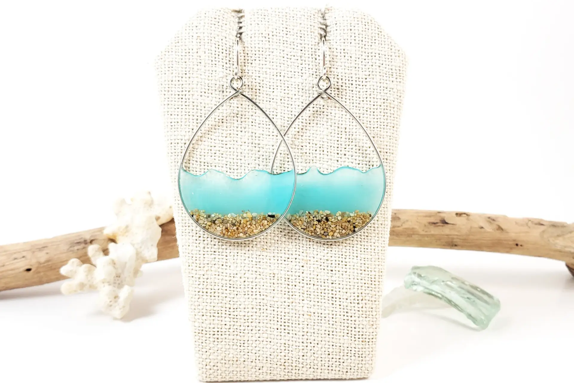 Aqua glow in the dark water and sand teardrop earrings and necklace - Image 6