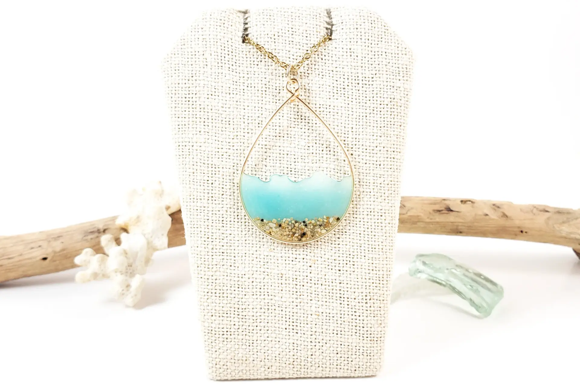 Aqua glow in the dark water and sand teardrop earrings and necklace - Image 3