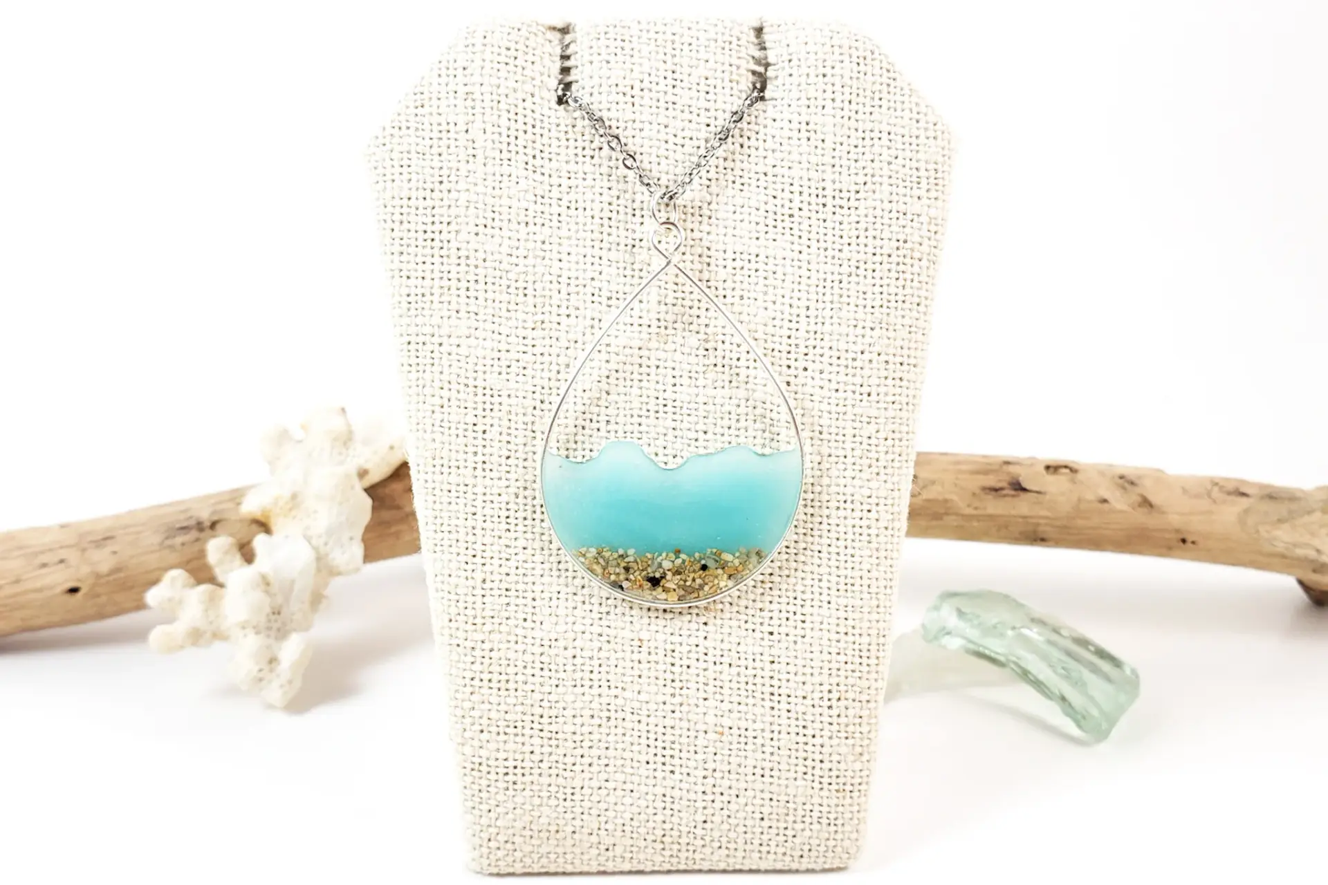 Aqua glow in the dark water and sand teardrop earrings and necklace - Image 2