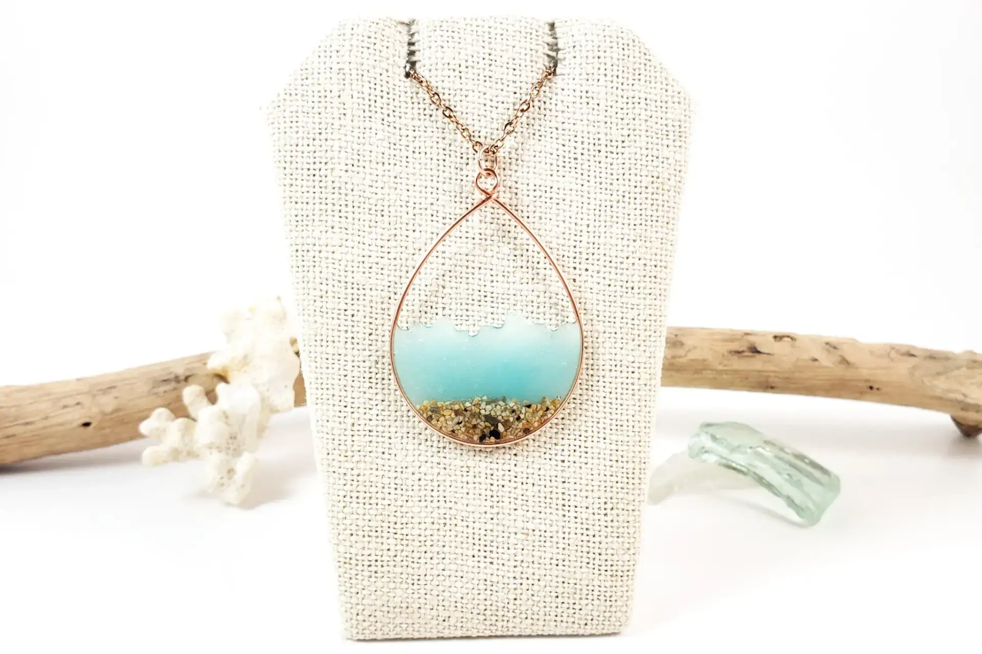 Aqua glow in the dark water and sand teardrop earrings and necklace - Image 4