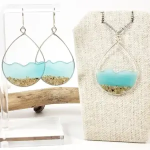 Aqua glow in the dark water and sand teardrop earrings and necklace