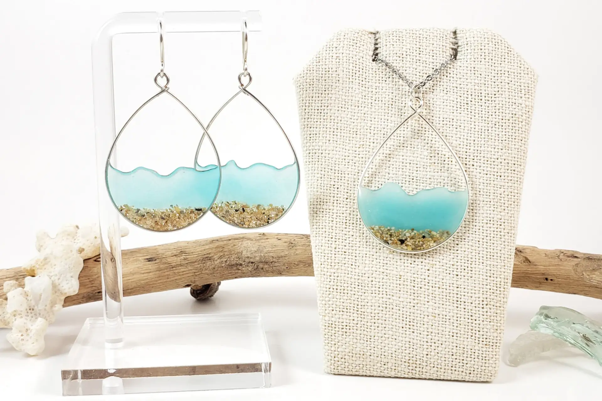 Aqua glow in the dark water and sand teardrop earrings and necklace
