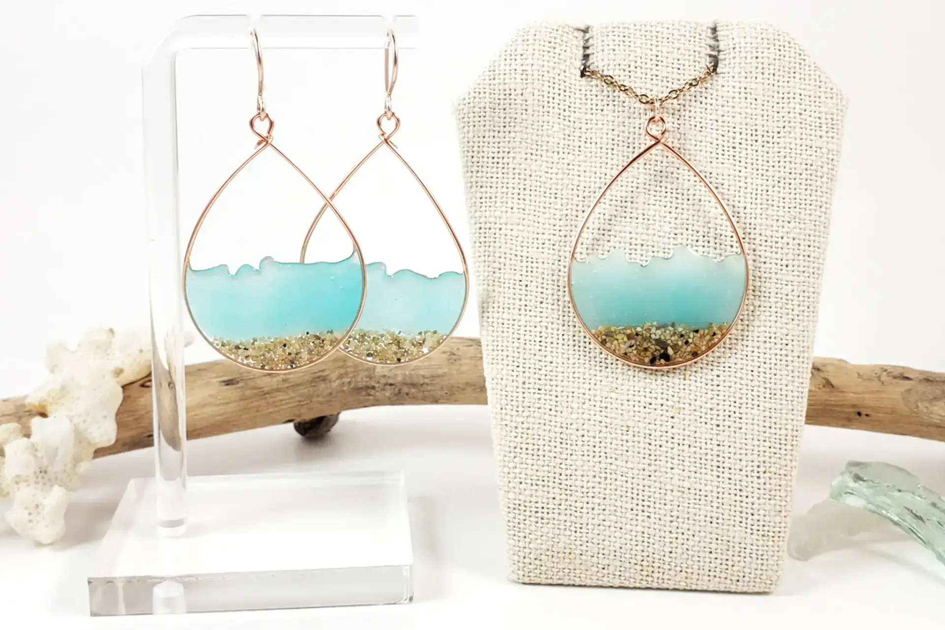 Aqua glow in the dark water and sand teardrop earrings and necklace - Image 8