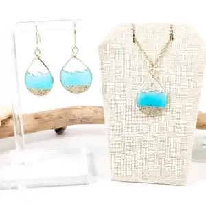 Glow in the dark aqua water sand teardrop earrings and necklace-small size