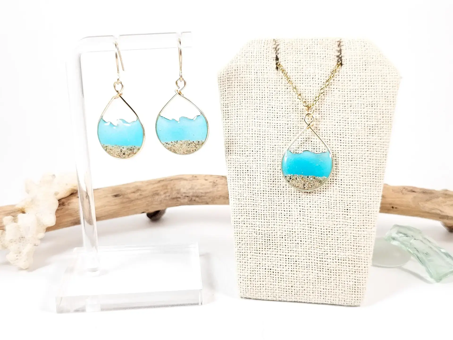 Glow in the dark aqua water sand teardrop earrings and necklace-small size