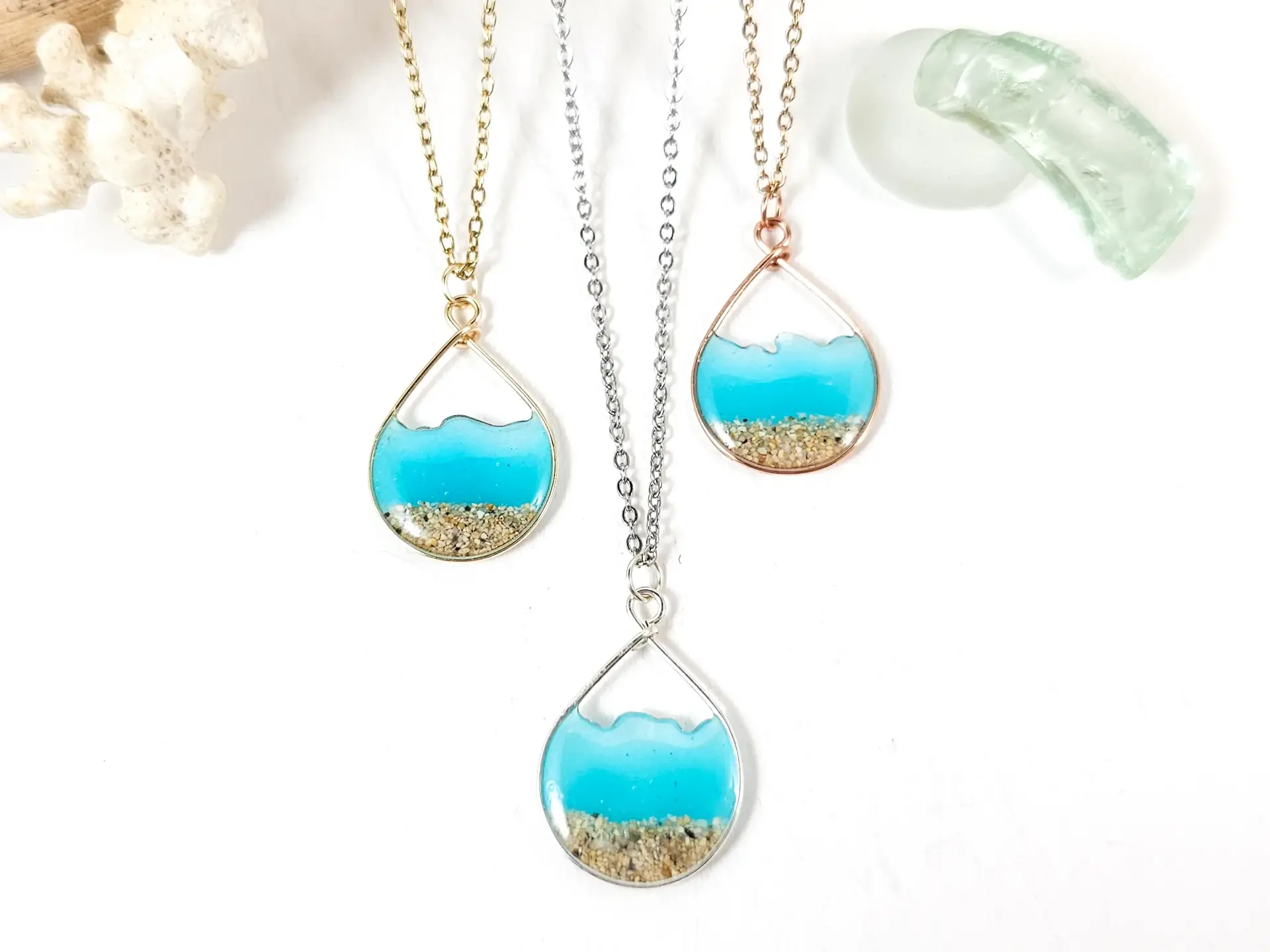 Glow in the dark aqua water sand teardrop earrings and necklace-small size - Image 5