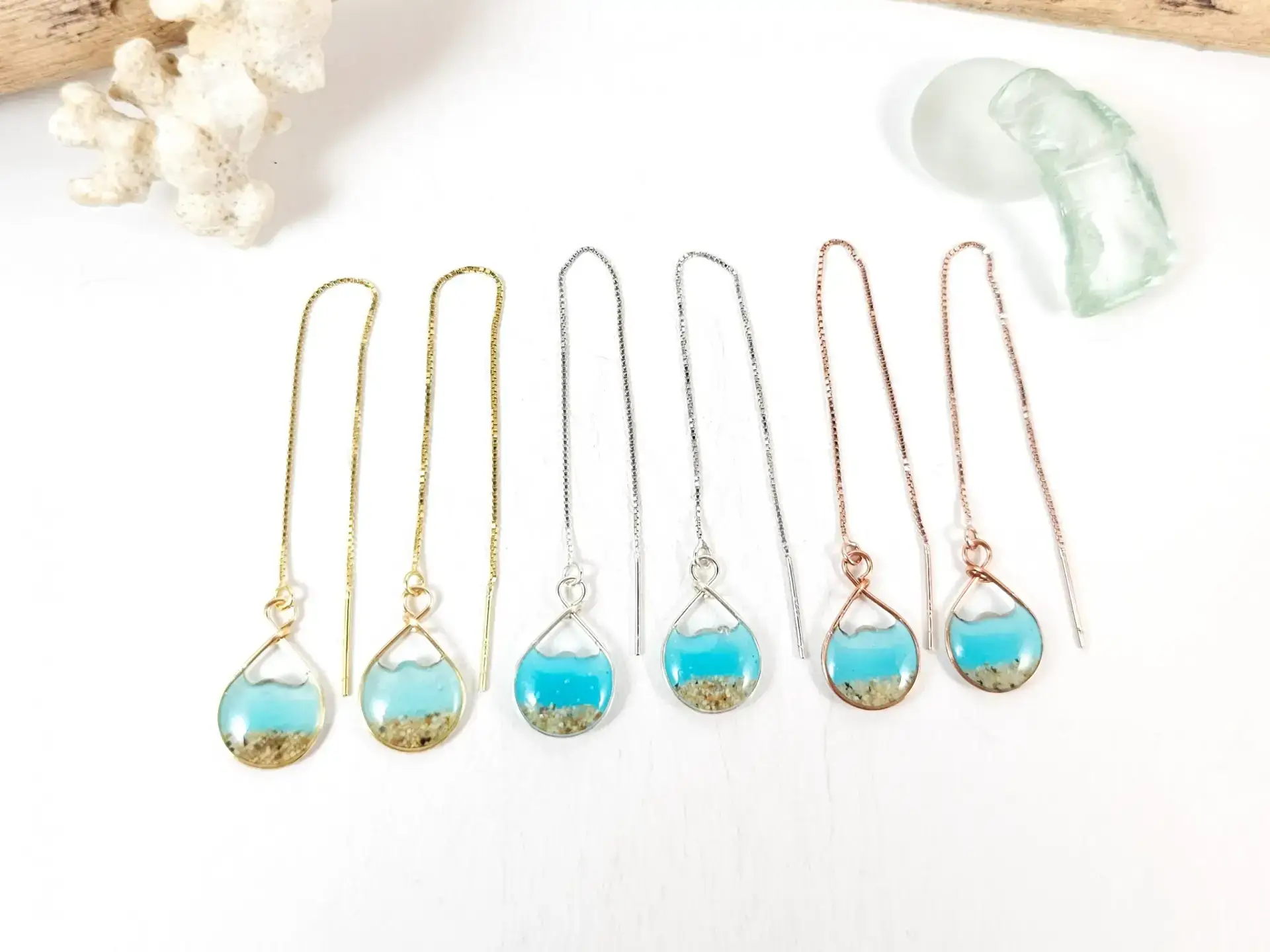 Aqua glow water and sand threader earrings