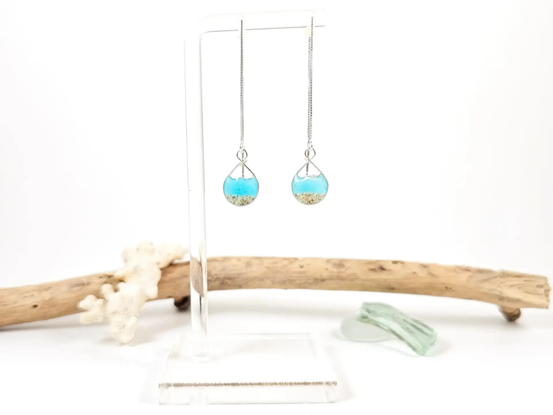 Aqua glow water and sand threader earrings - Image 2