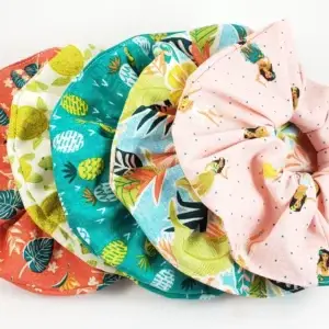 Hawaiian print scrunchies-hula girl, pineapple, sea turtle, monstera leaves, tropical flowers
