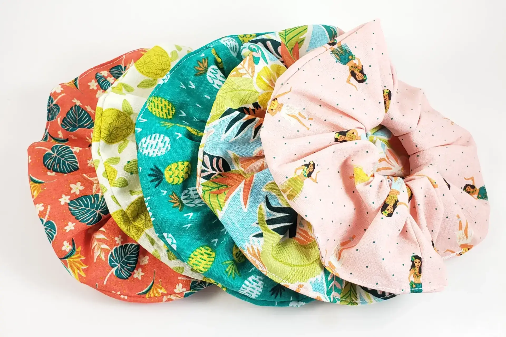 Hawaiian print scrunchies-hula girl, pineapple, sea turtle, monstera leaves, tropical flowers