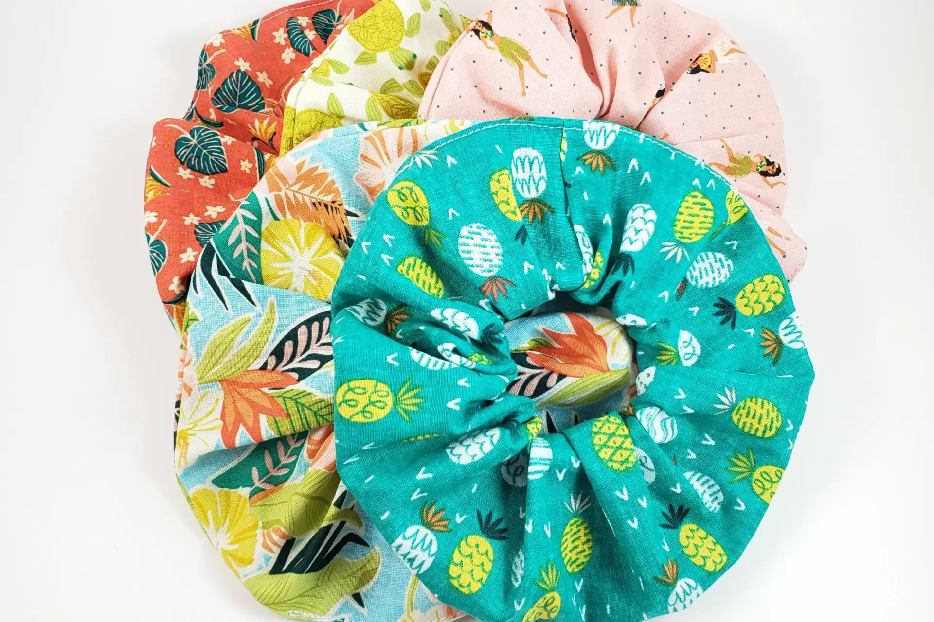 Hawaiian print scrunchies-hula girl, pineapple, sea turtle, monstera leaves, tropical flowers - Image 2