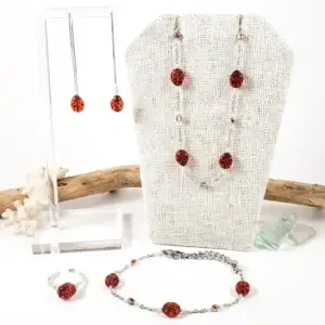 Ladybug earrings, necklace, bracelet, and ring in red or turquoise